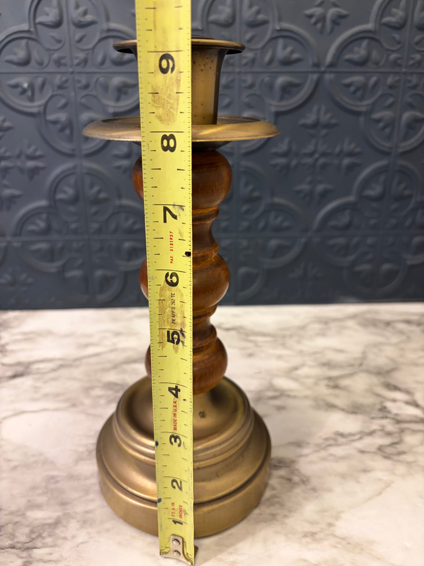 Wood and Brass Candlestick 9"