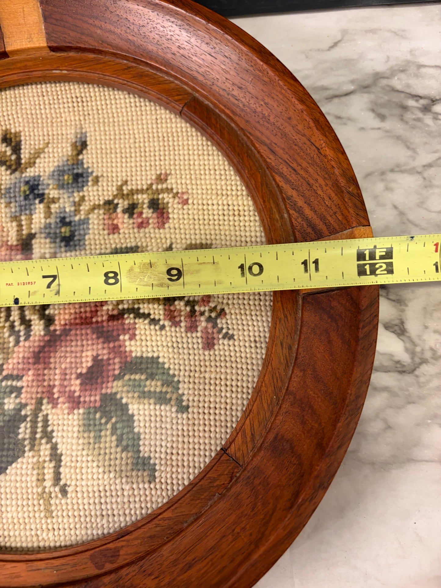 Round Rose Needlepoint in Wood Inlay Frame