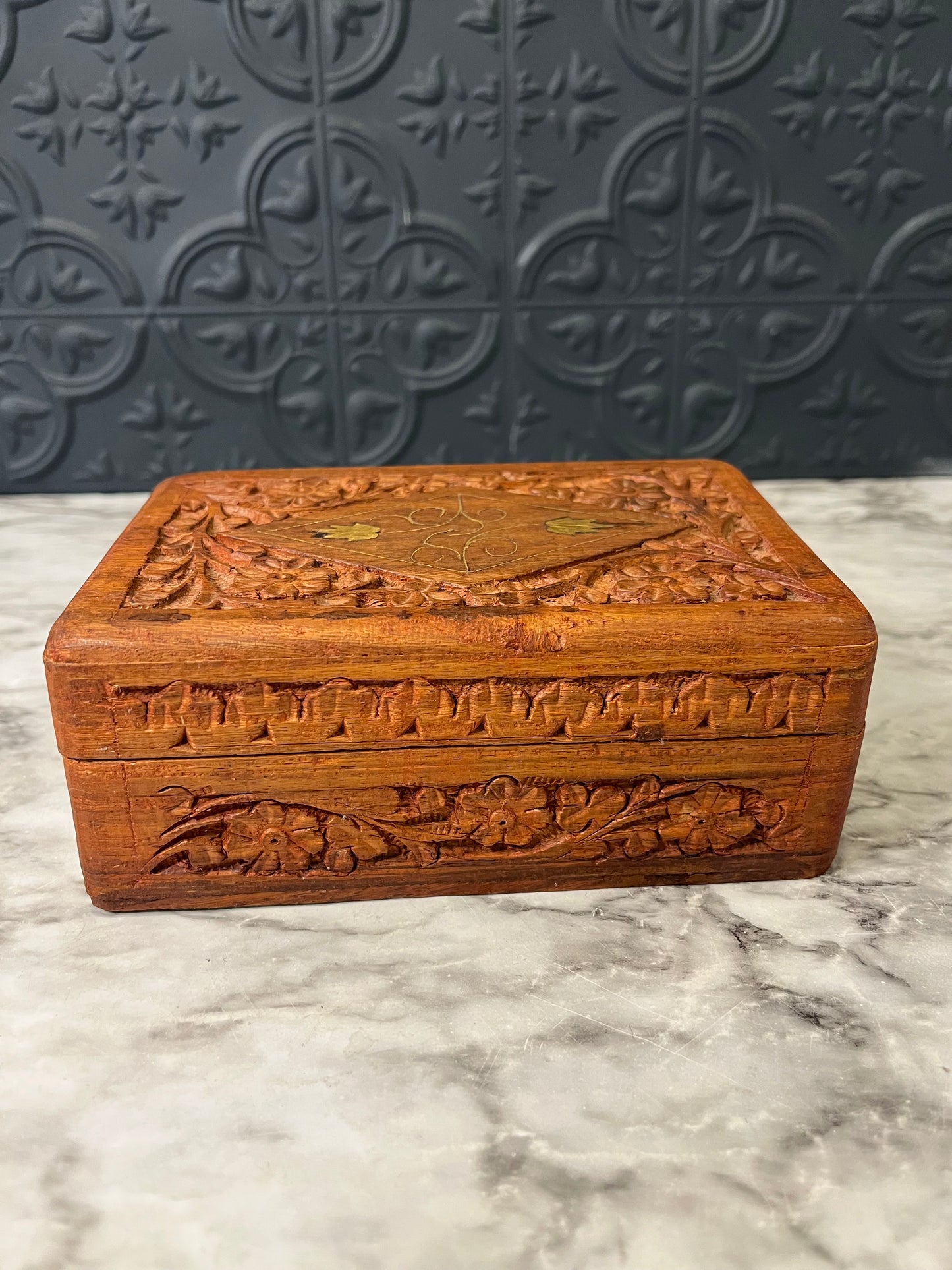 Carved Wood Box with 2 Brass Leaf inlay