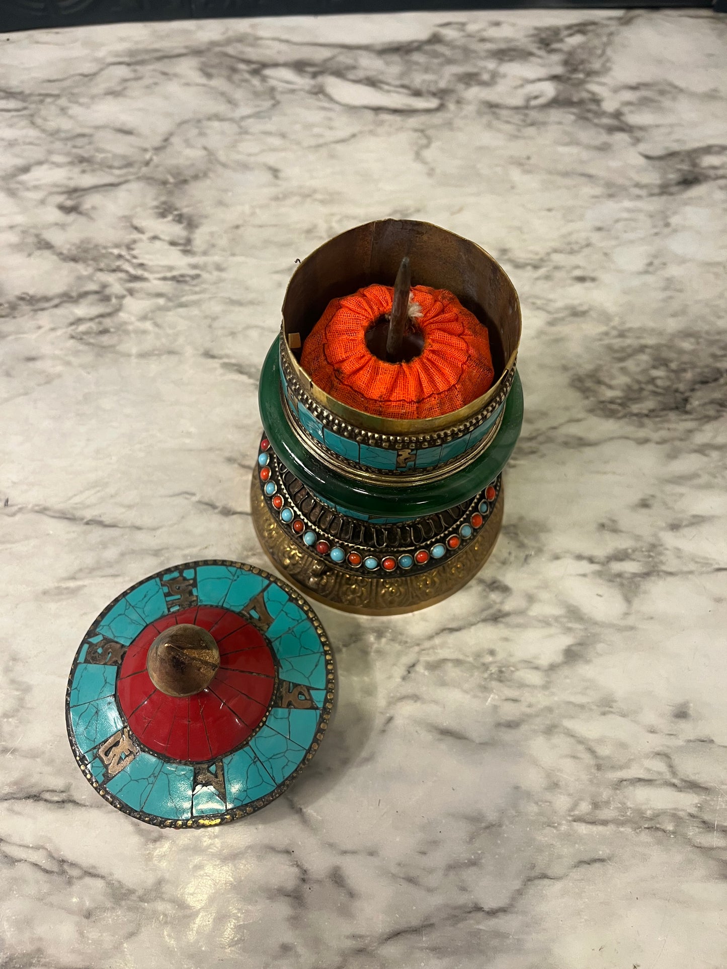 Tibetian Brass and Enamel Prayer Wheel