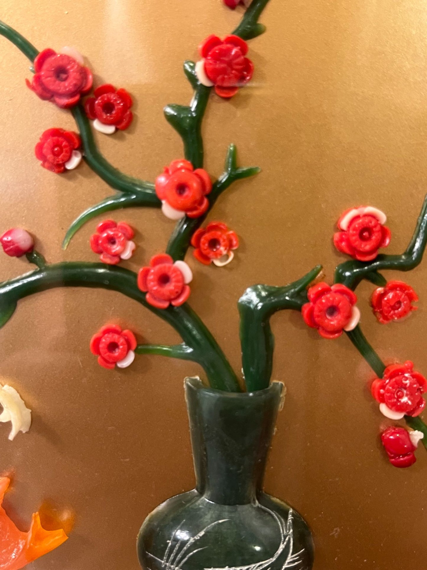 Vintage Asian Carved floral art set of 2