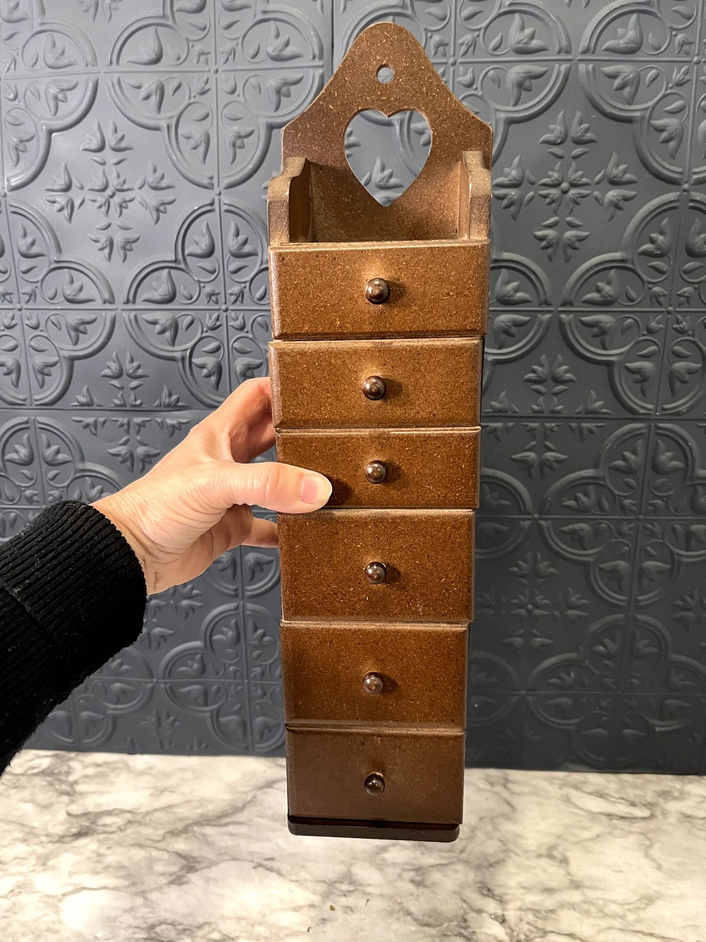 Tall Skinny Wood Jewelry Box With Drawers and Heart