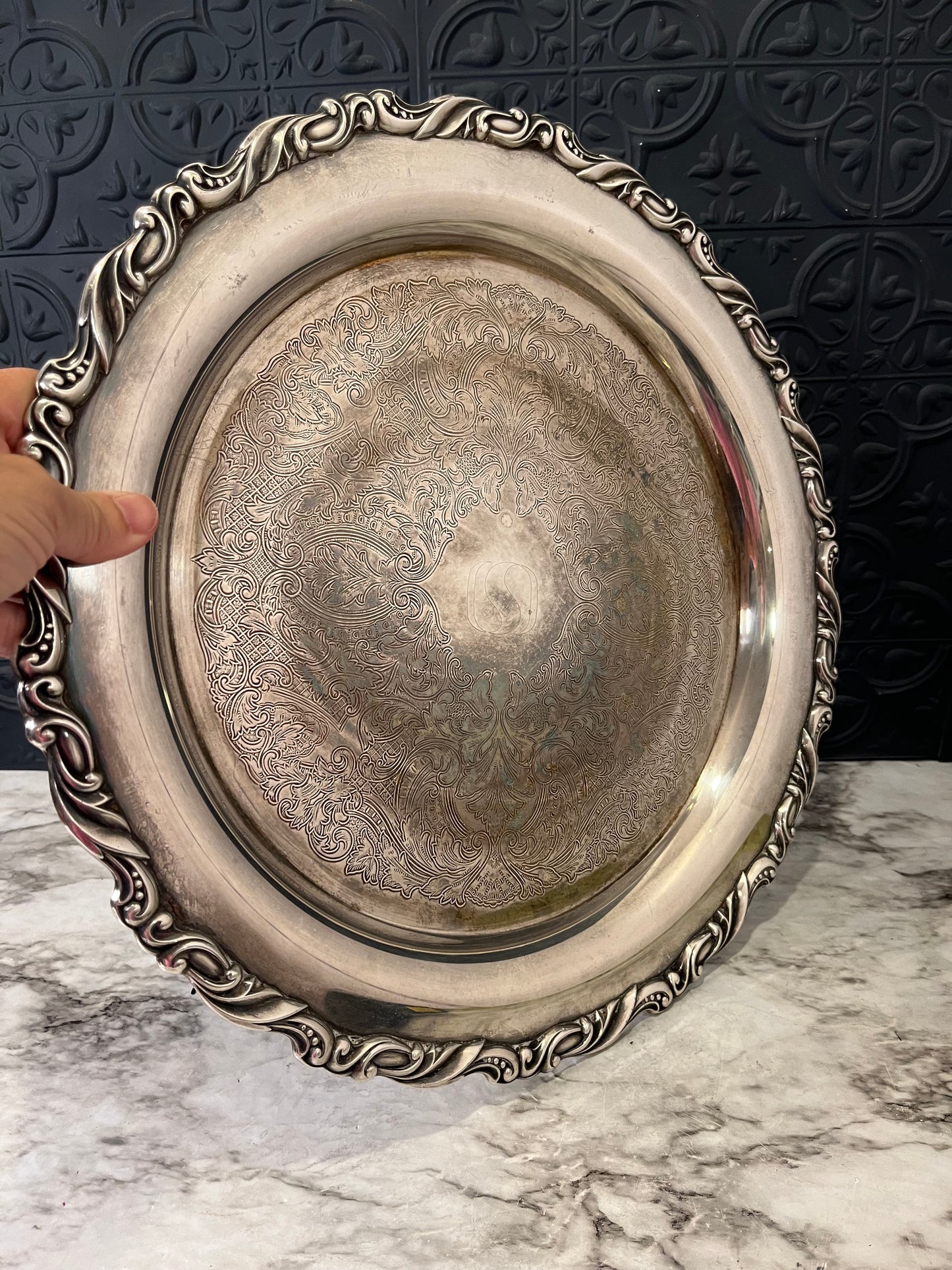 Silver Plate Tray Round 15" Etched