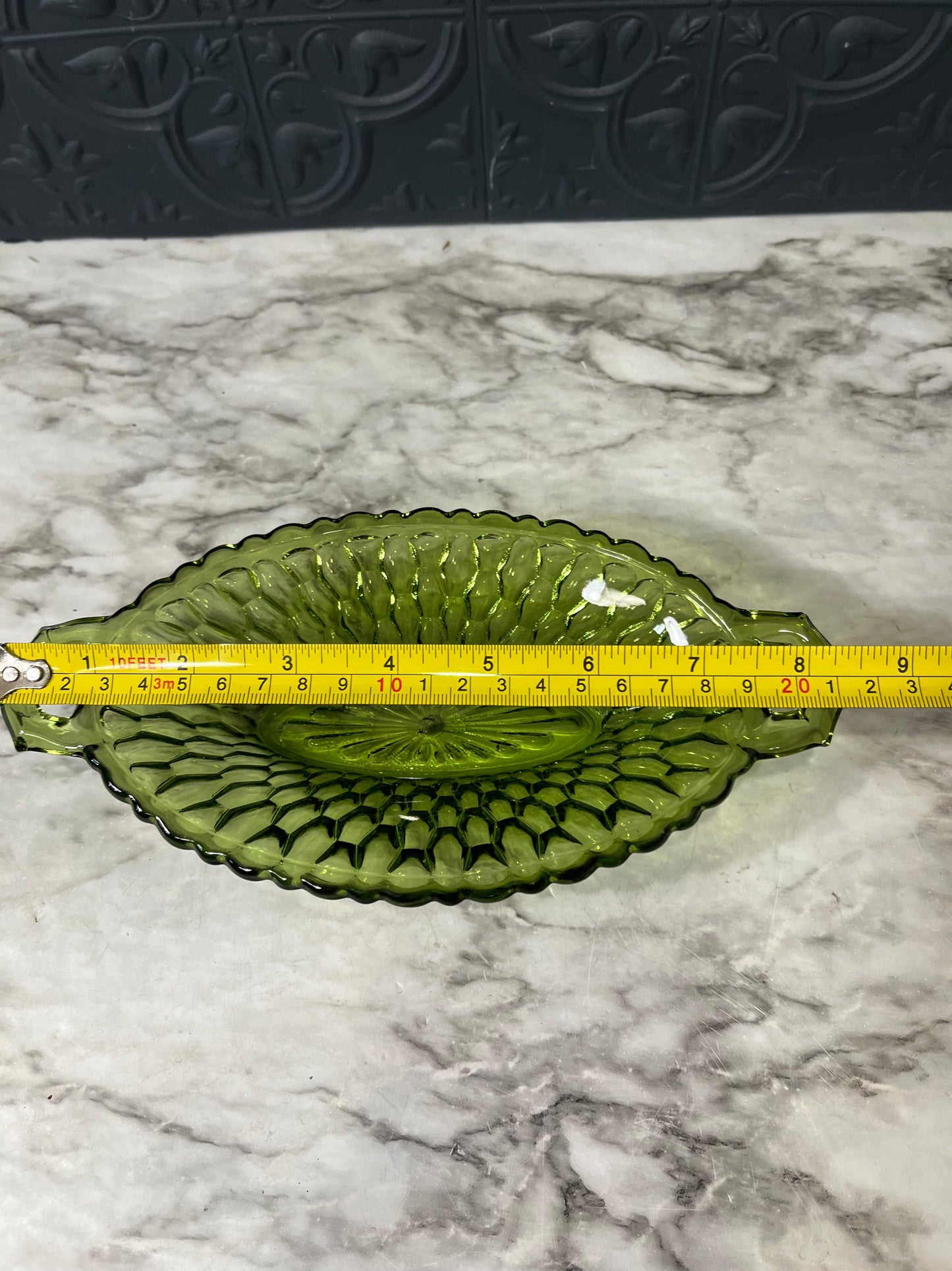 Green Indiana Glass Honeycomb Dish with Handles Oval