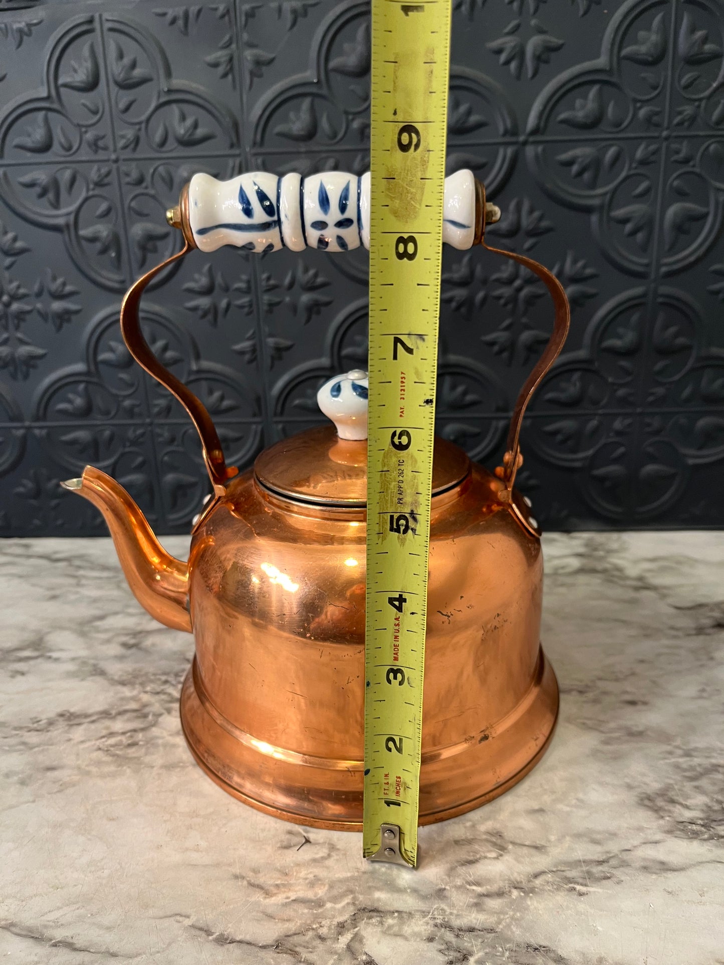 Copper Teapot with Blue and White Porcelain Handles