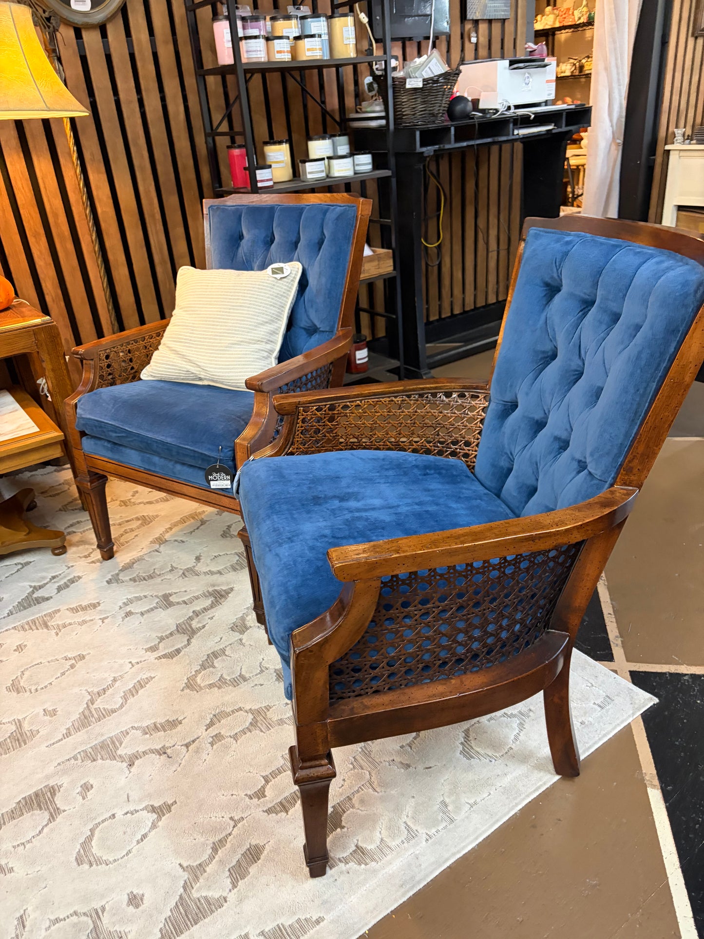 Dark Blue Velvet Tufted Chair with Cane