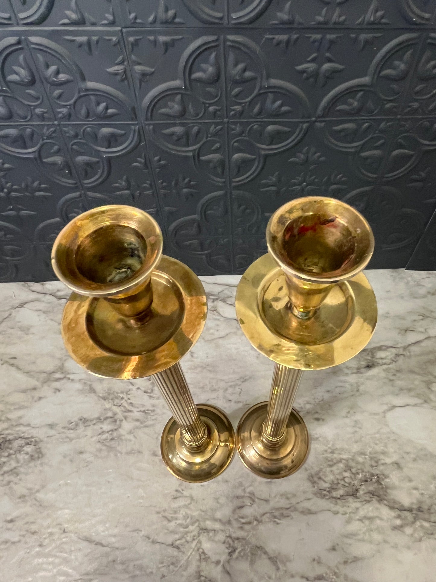 Brass Candlesticks with ribbed stem x2