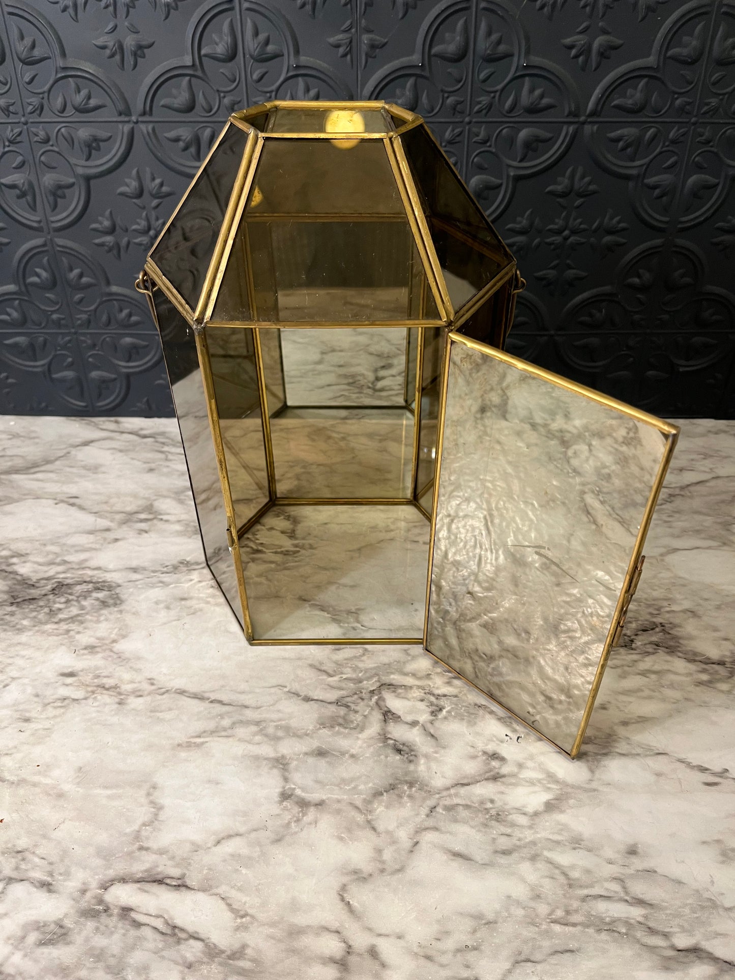 Smokey glass and brass lantern