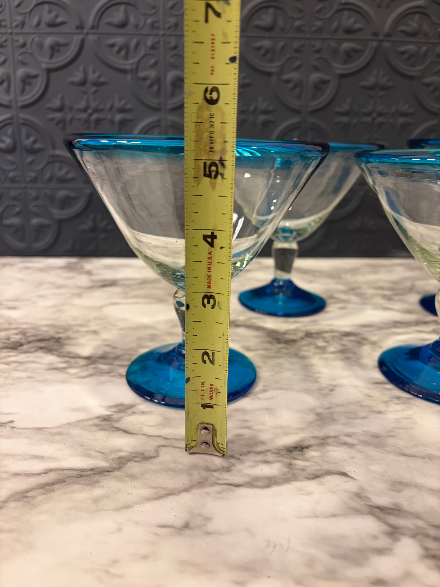 Handblown Blue Rim Martini Glass x 4