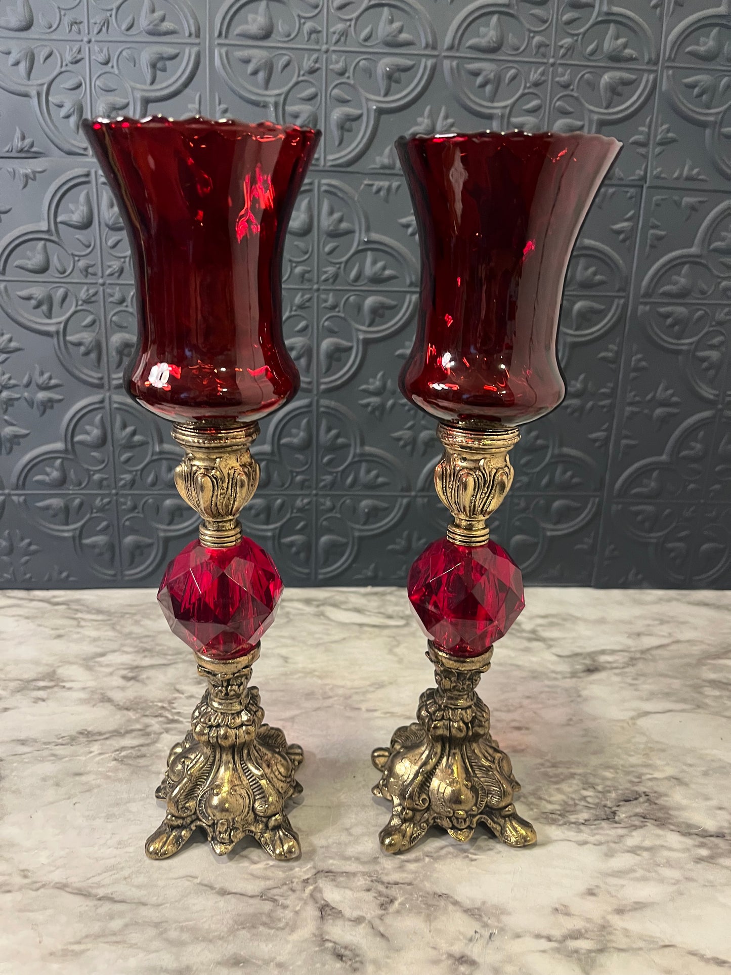 Hollywood Regency ruby Red Votive Candle Holder x 2