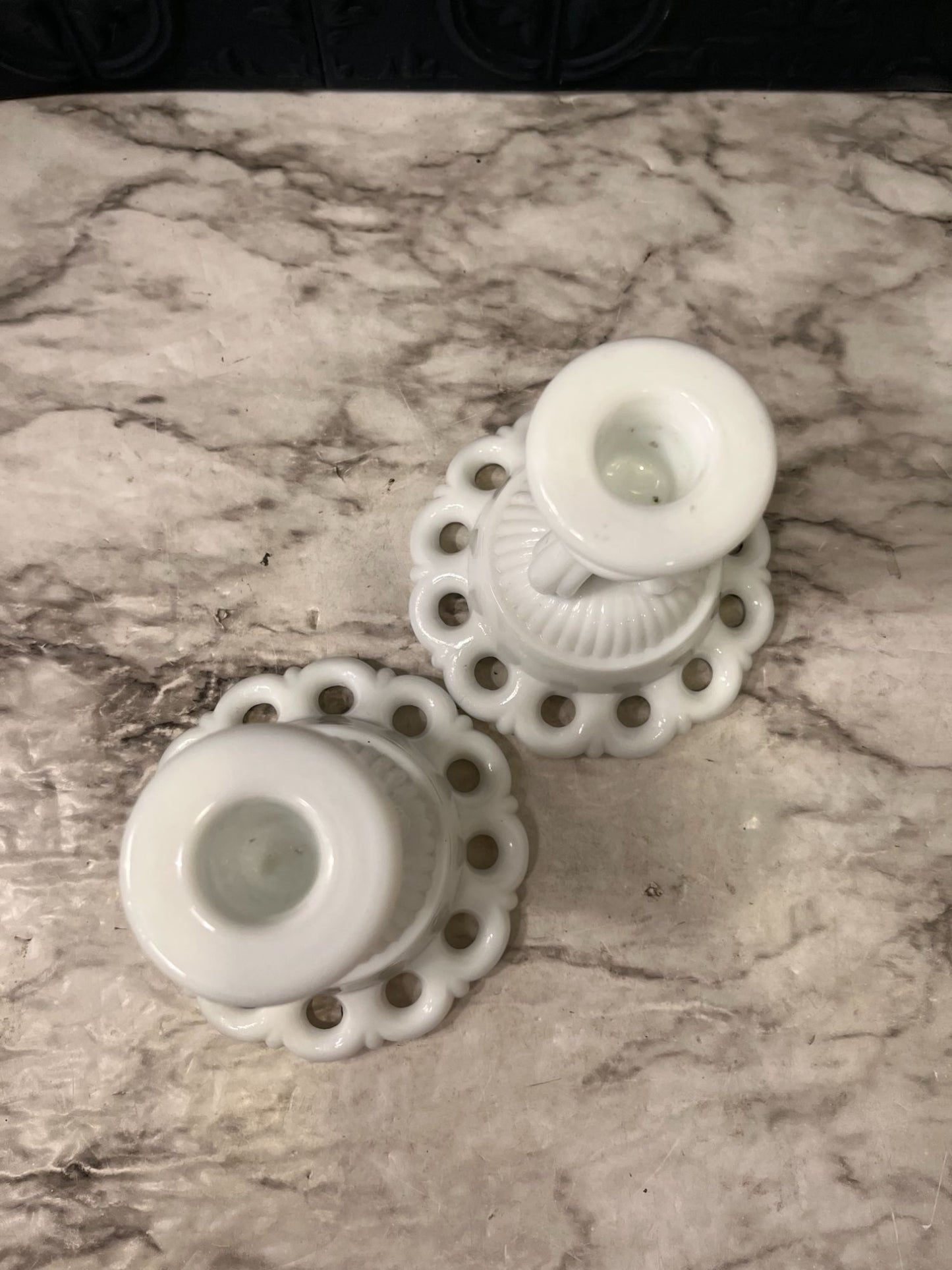 Westmorland Lace Milkglass candle holders x 2
