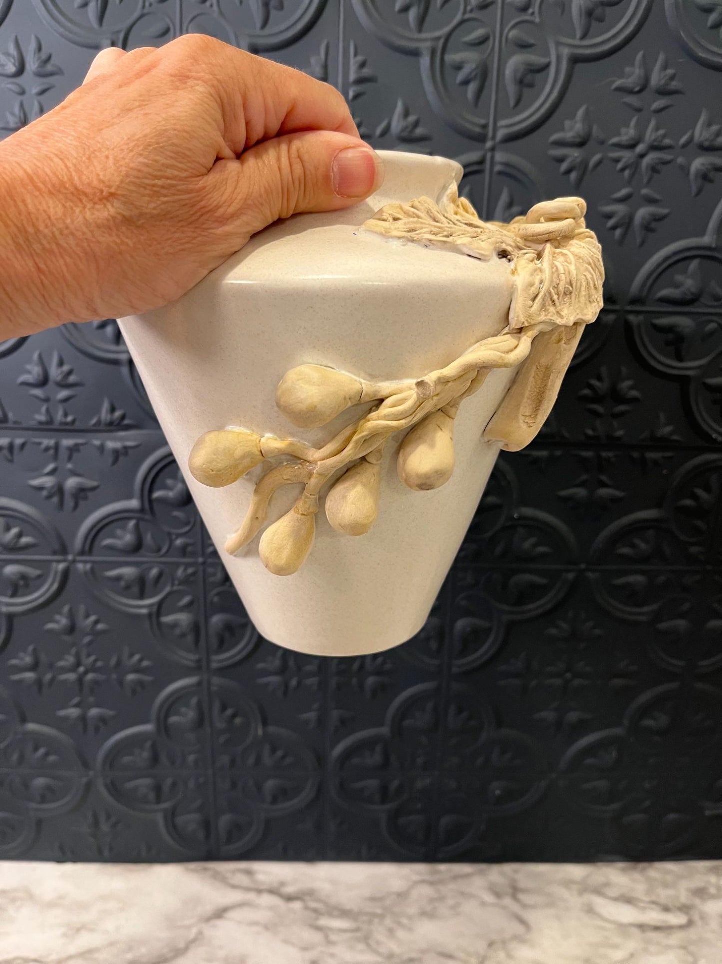 Cream Handmade Pottery with Leaf detail