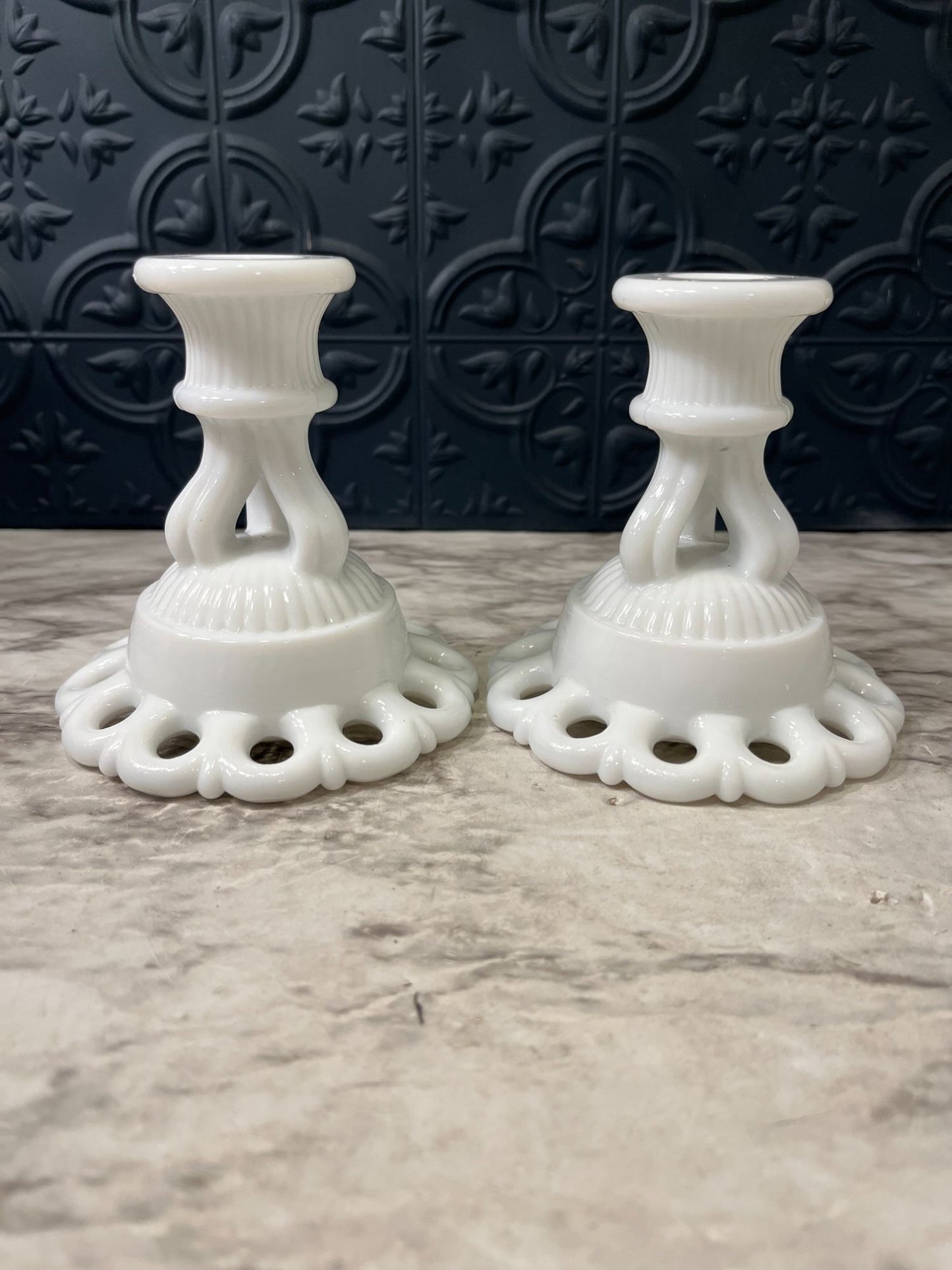 Westmorland Lace Milkglass candle holders x 2