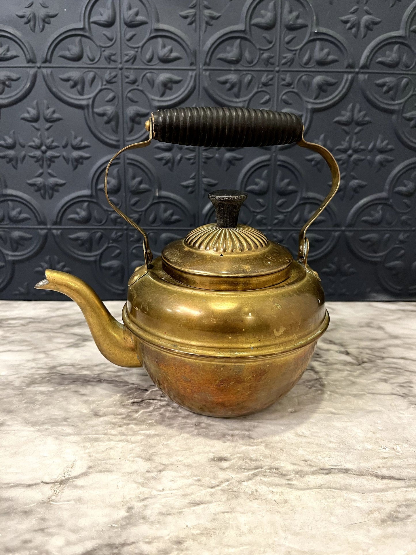 Brass Teapot With Black Ribbed Handle