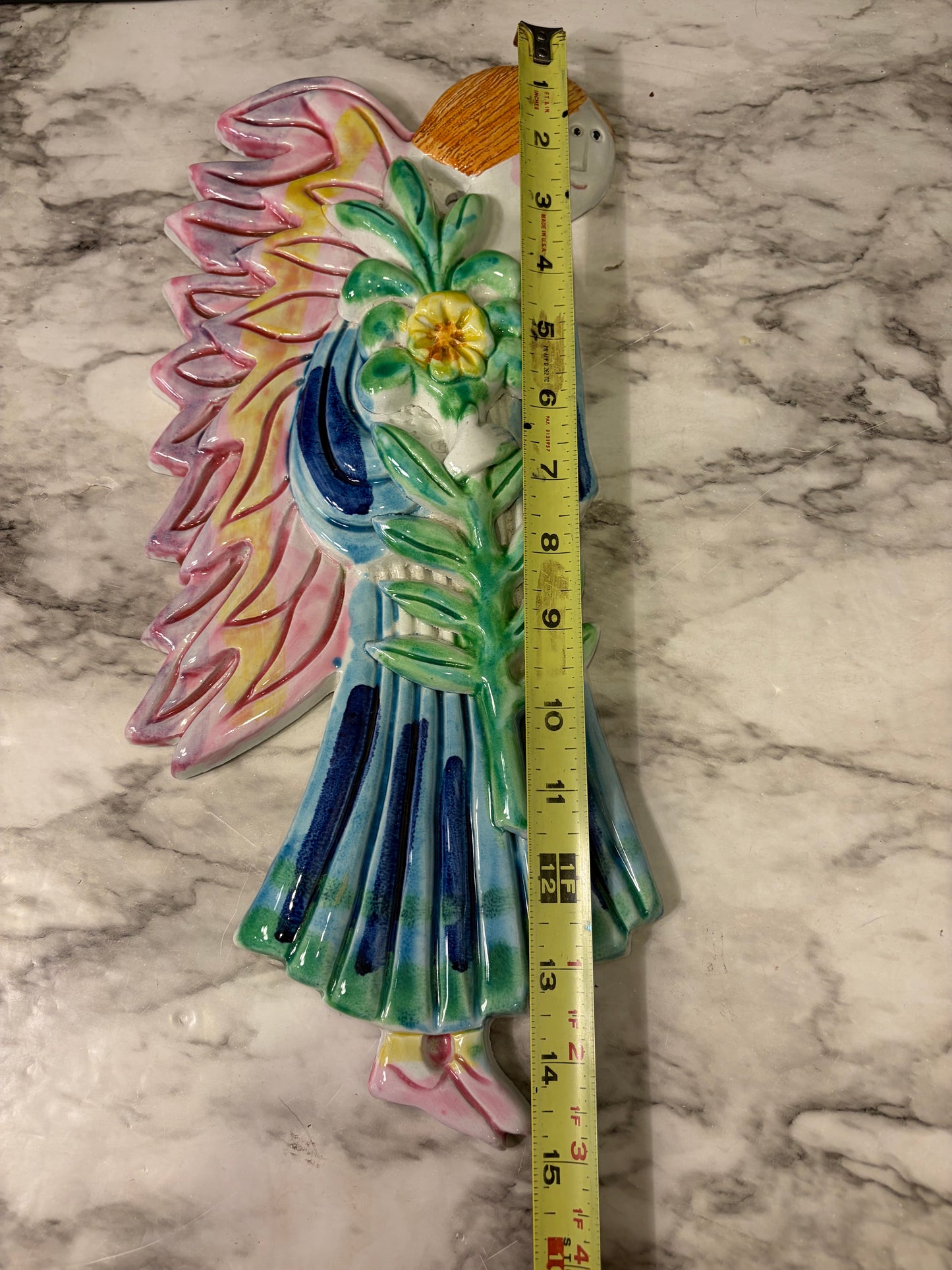 Ceramic Italian folk Art Angel Wall Hanging pink