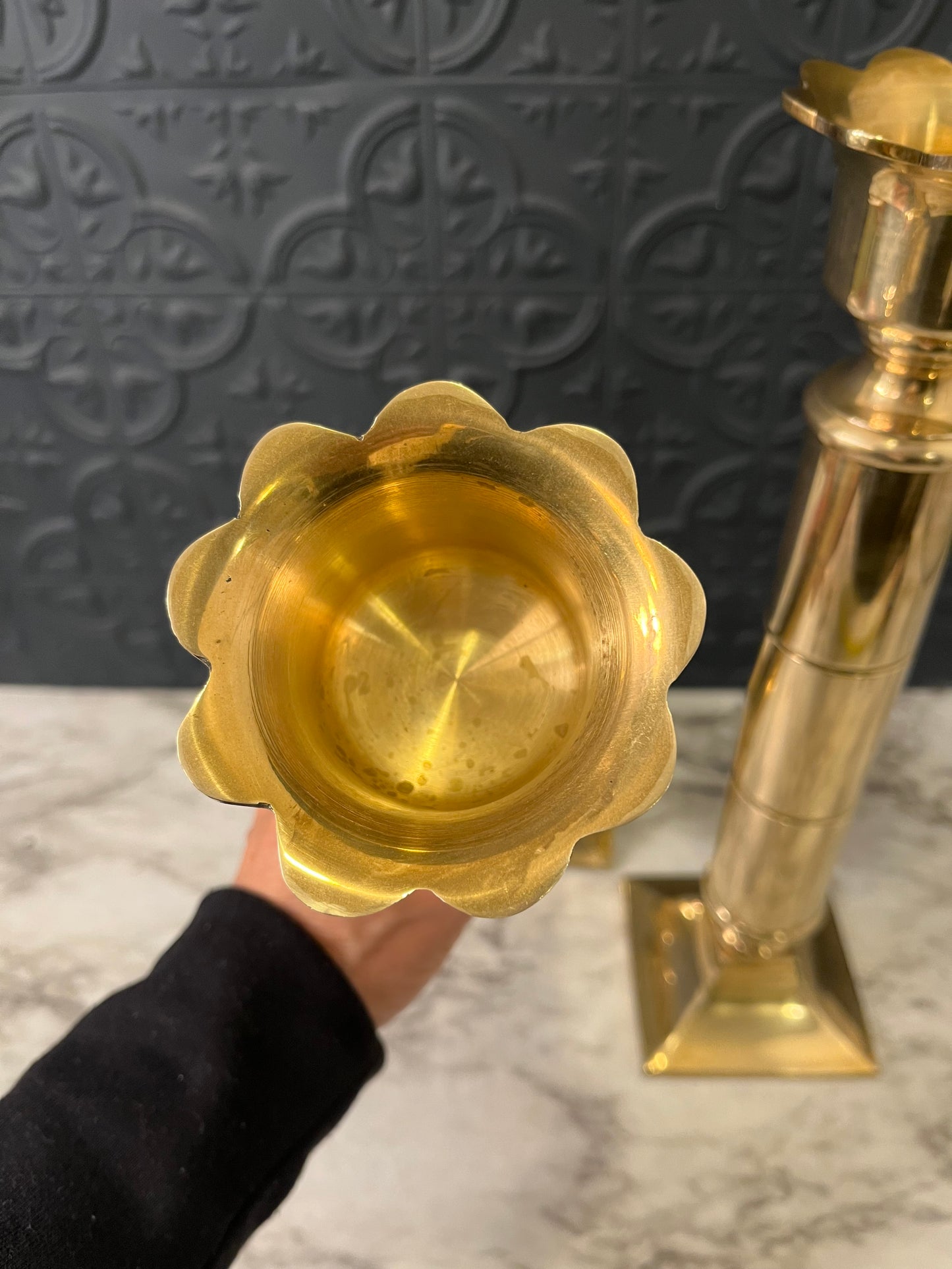 Large Brass Candle Holders with Flower Top x2