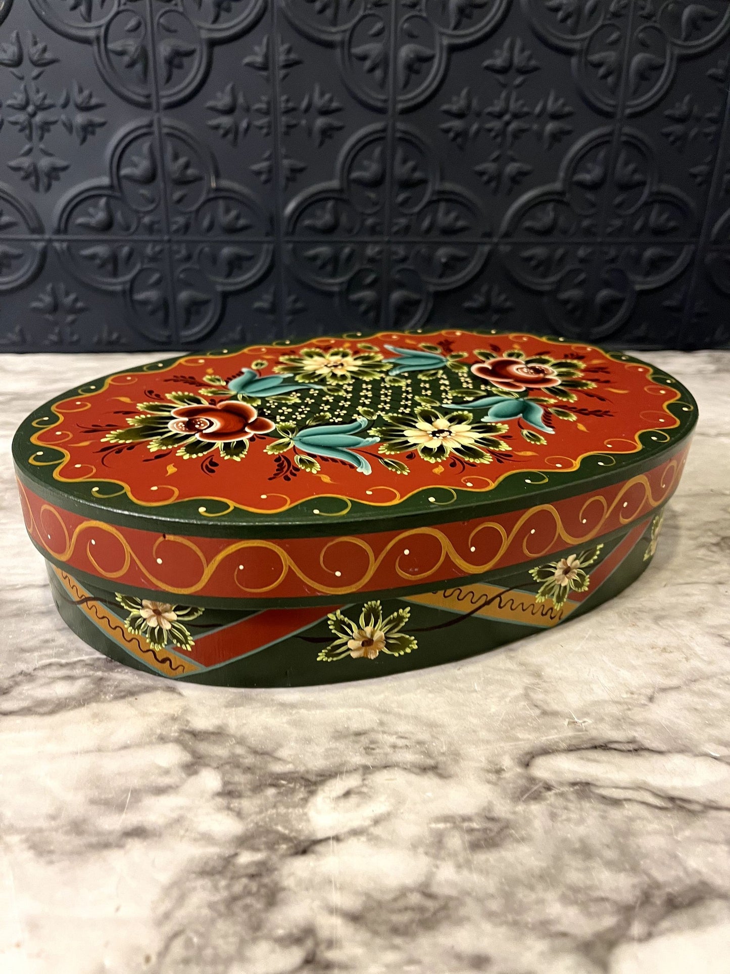 Hand Painted Red and Green Oval Box