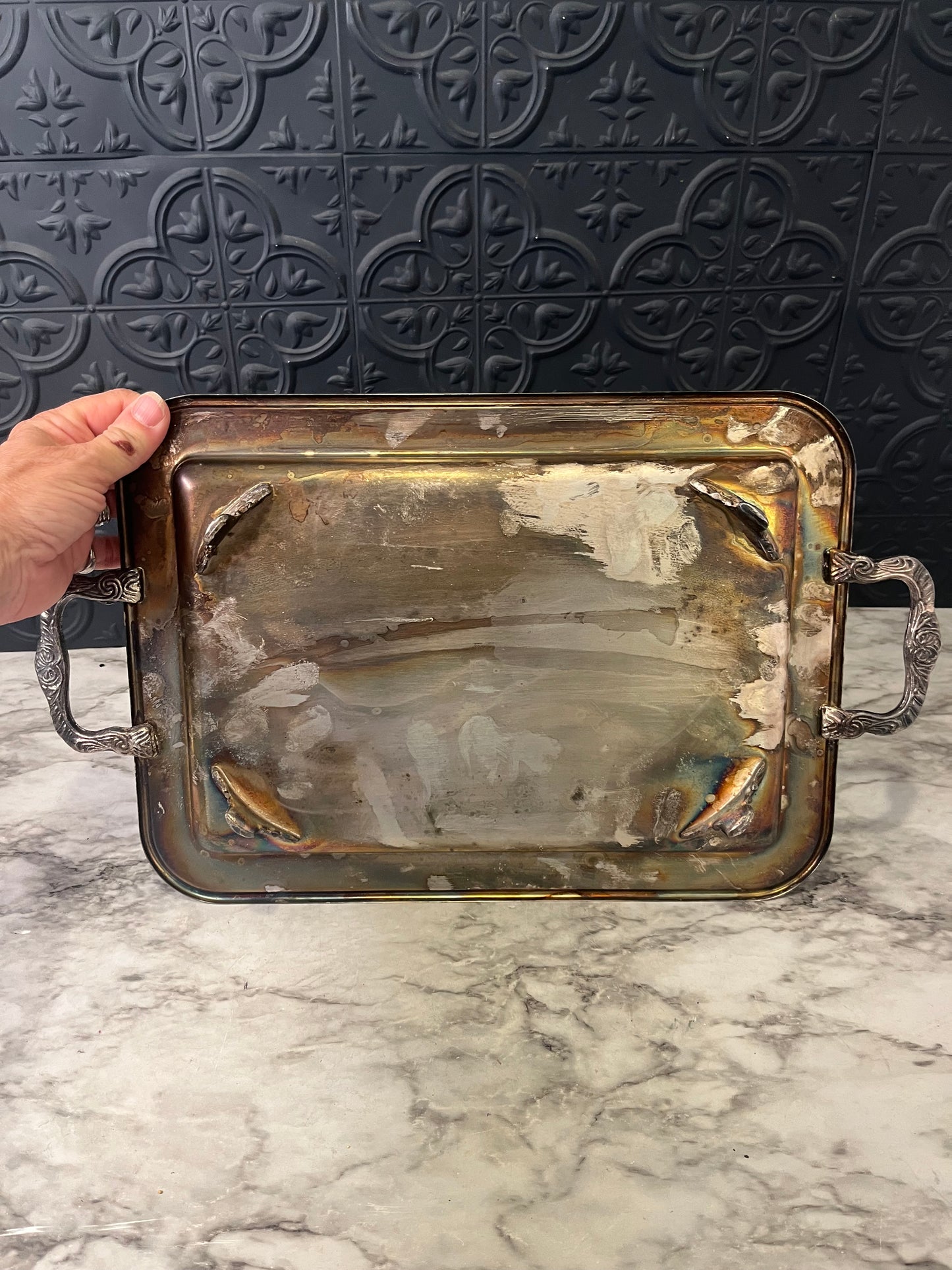 Rectangle Etched Silverplate Footed Serving Tray