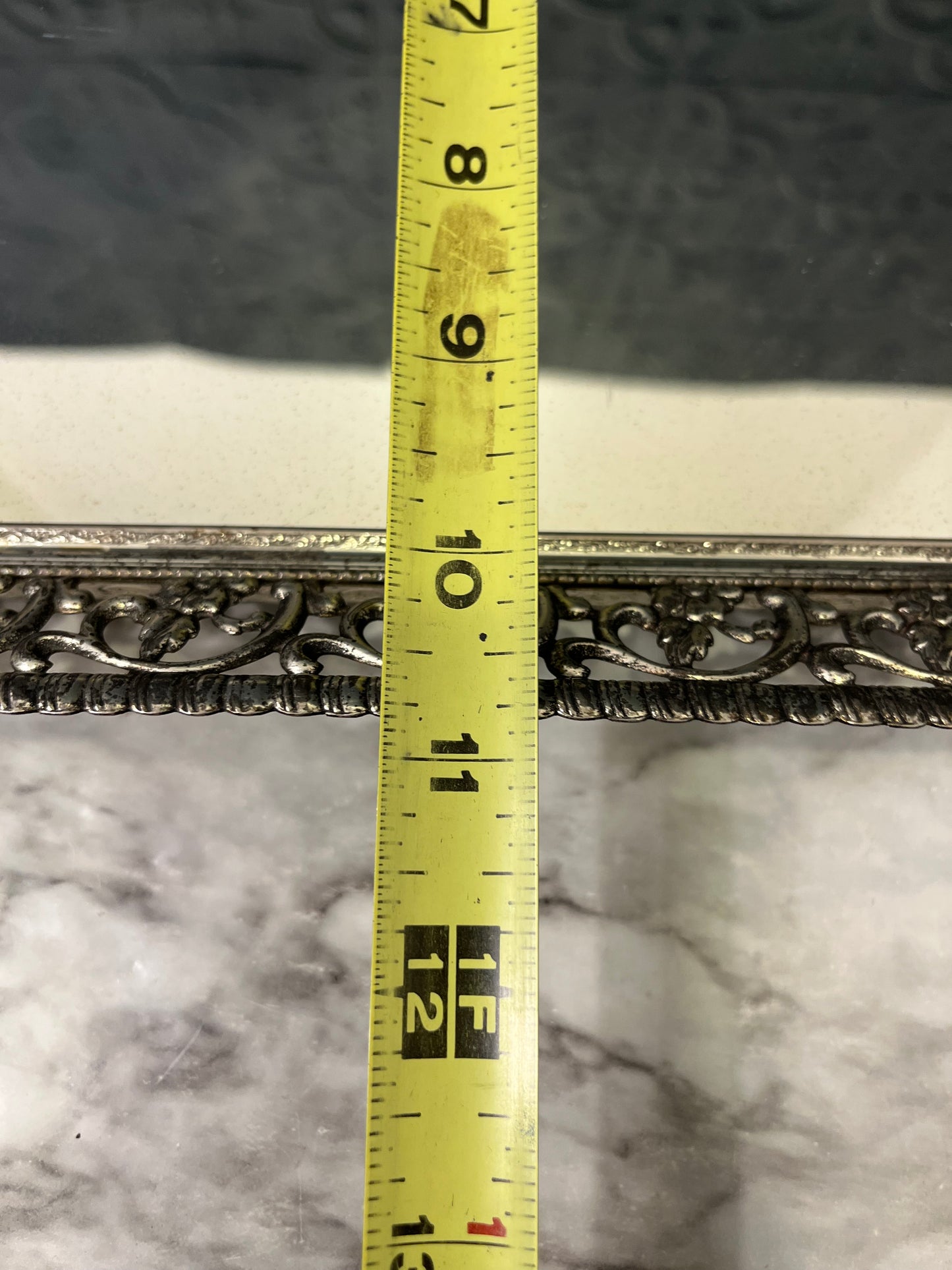 Rectangle mirror tray with silver tone filligree