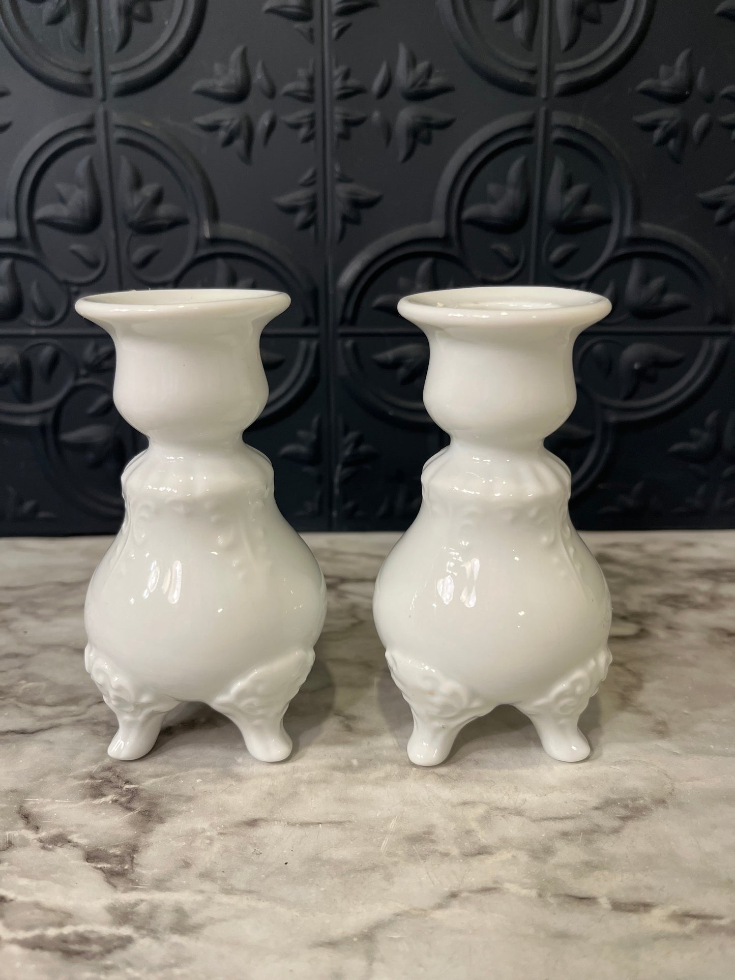 White Ceramic Small Candle Holders with feet x 2