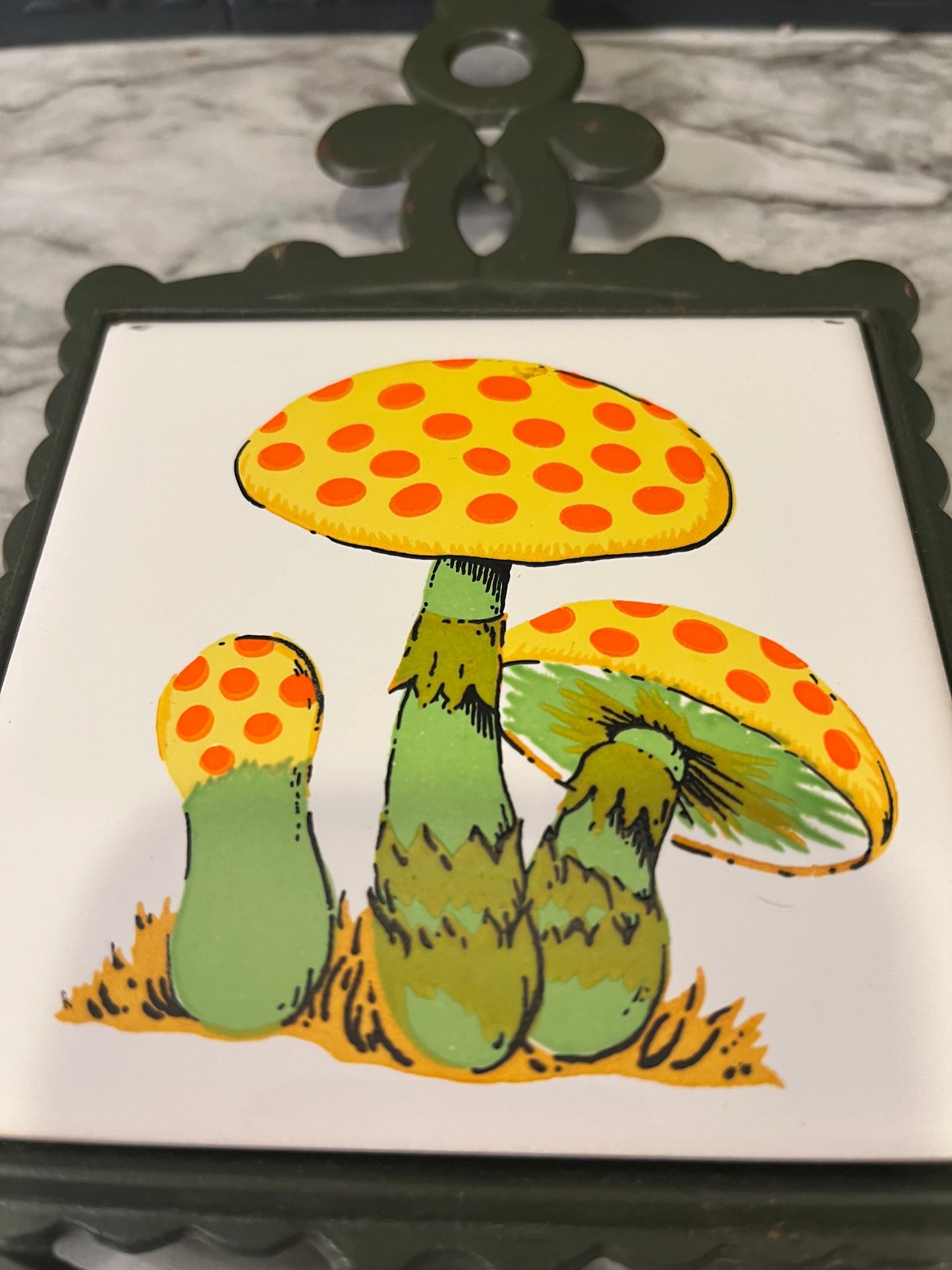 Vintage Yellow and Orange Mushroom Tile Trivet and Cast Iron