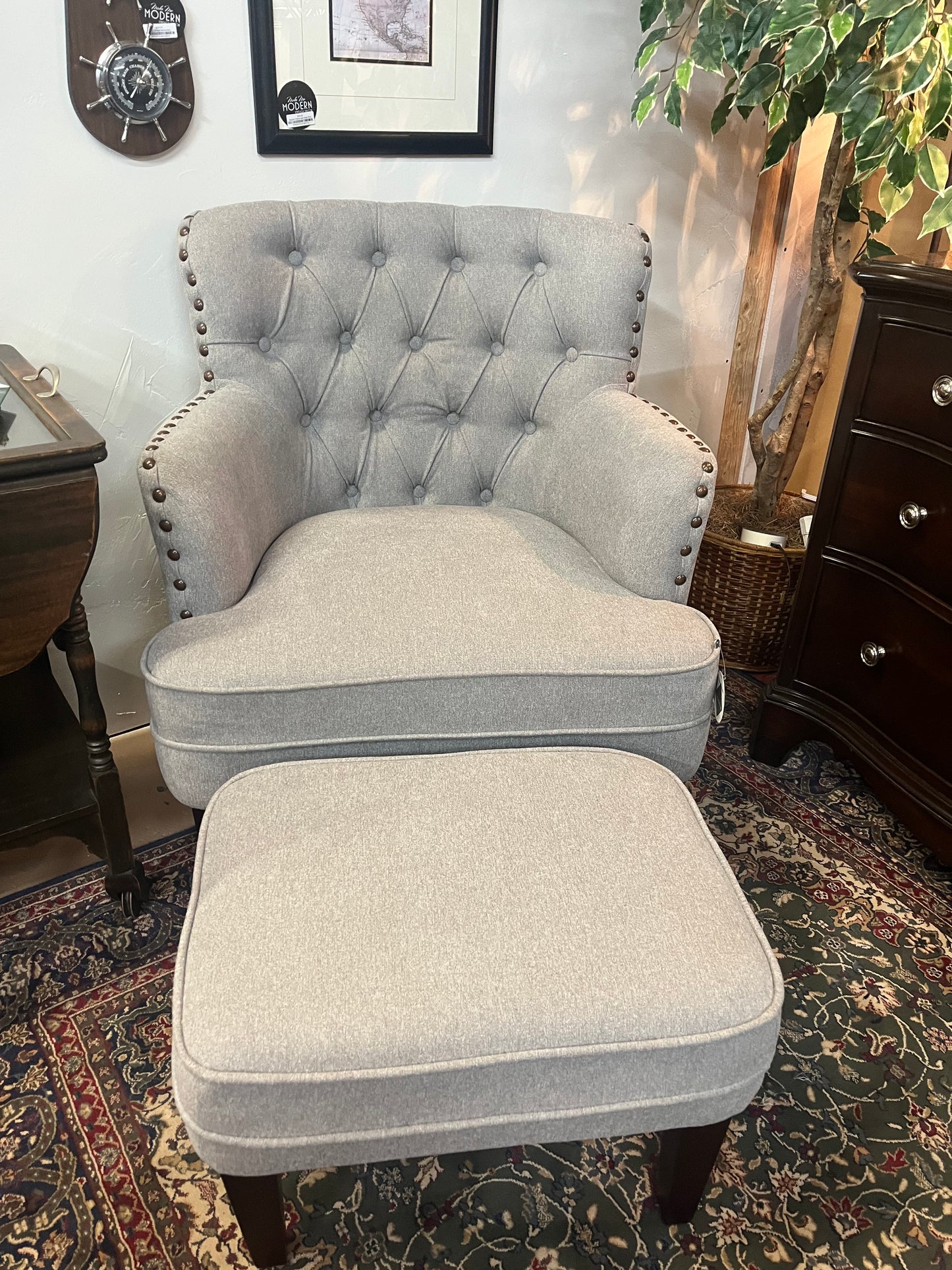 Grey Chair with Rivets and Ottoman