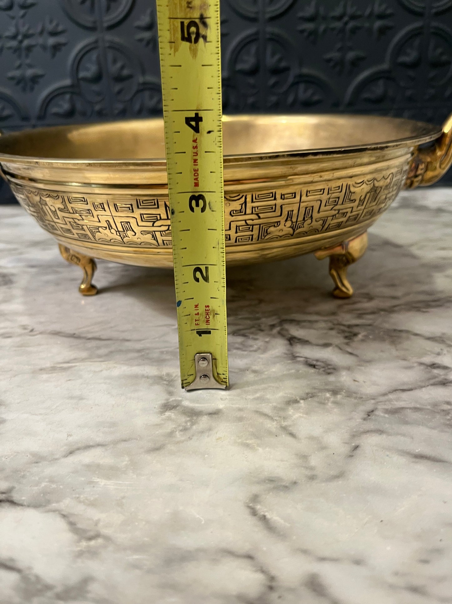 Solid Brass Footed Bowl with Handles and Etching around Rim
