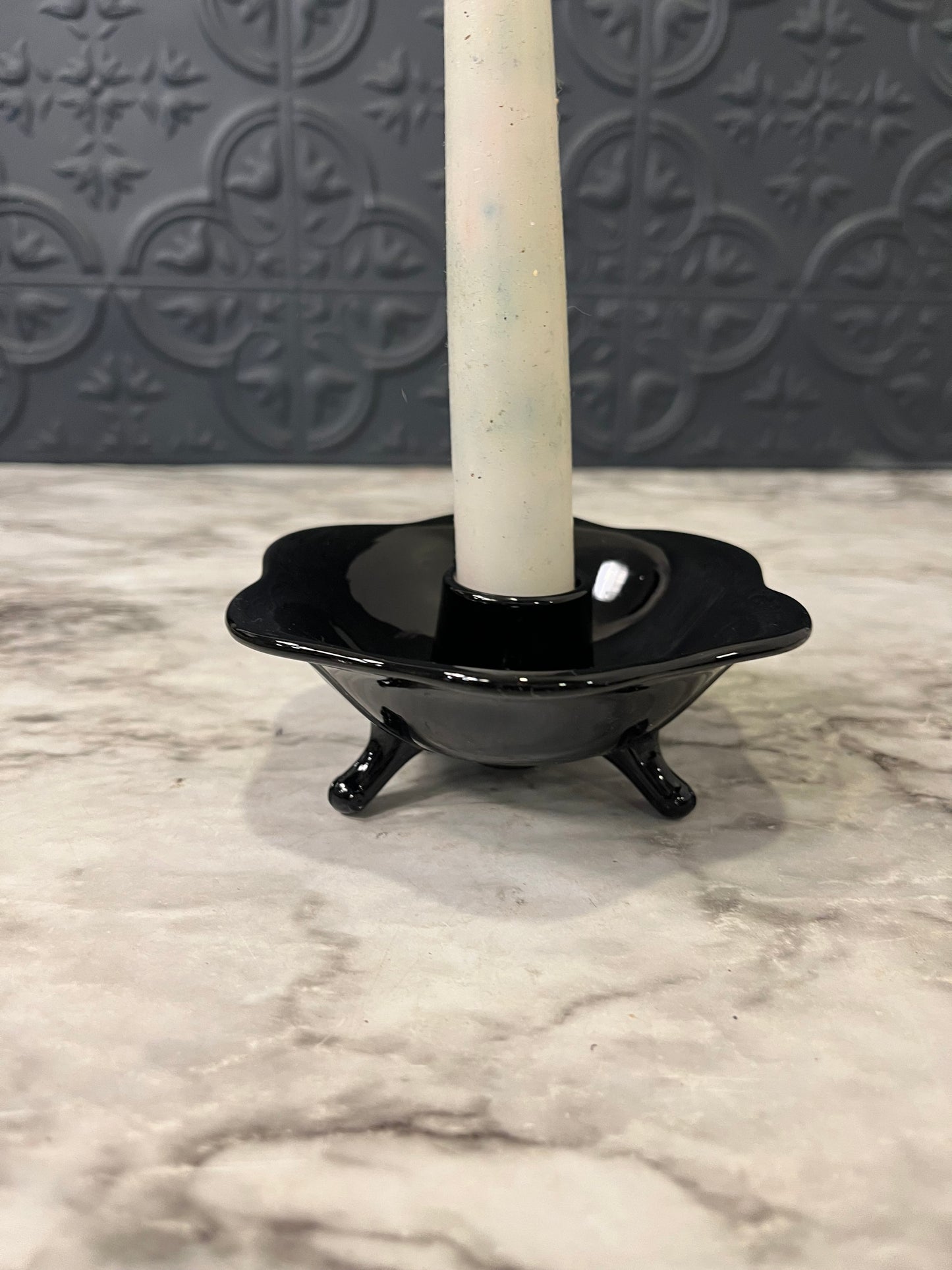 Black Glass Fenton Footed Candle Holder