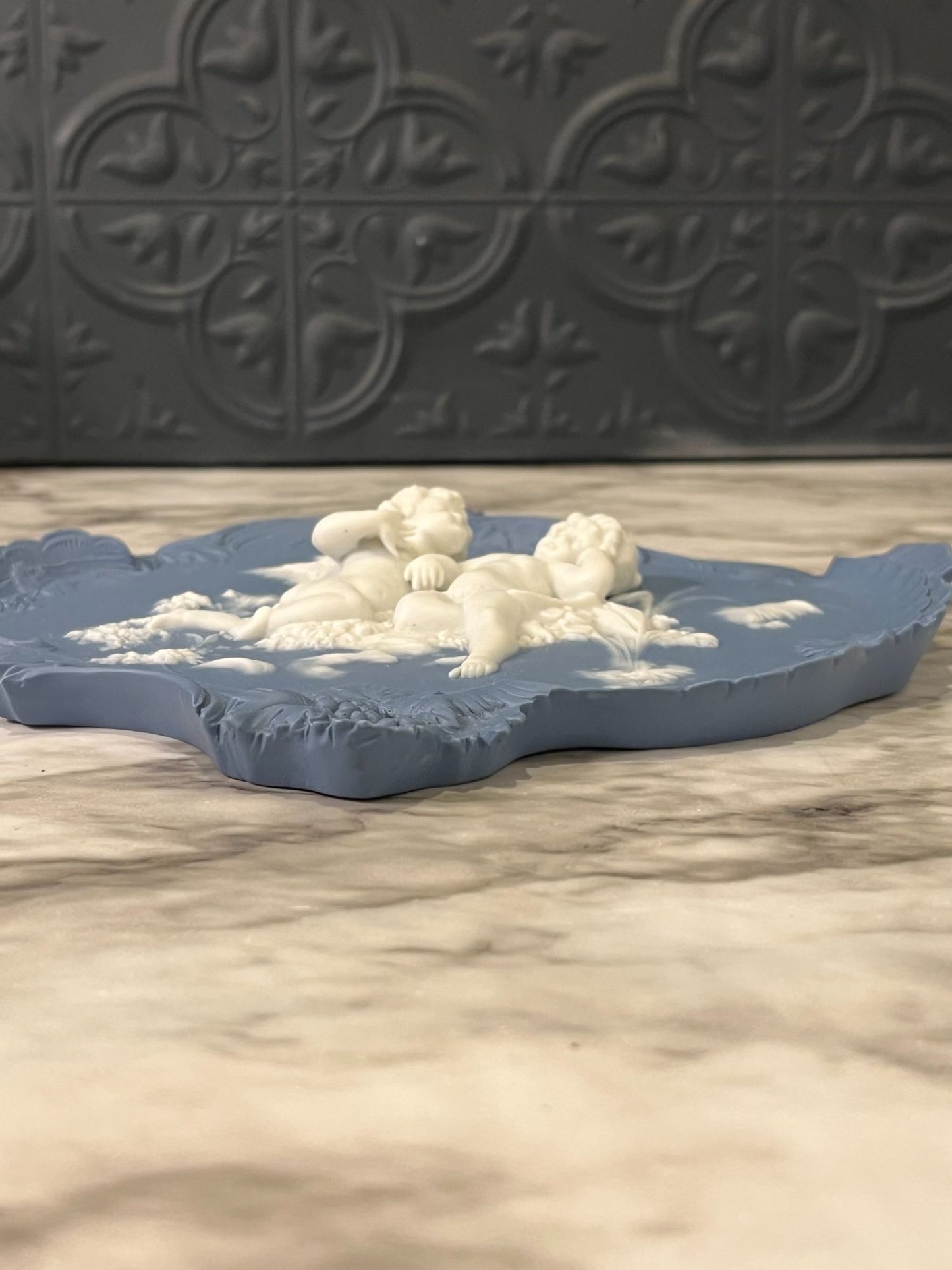 Blue Jasperware Plaque with Cherubs Stamped Germany