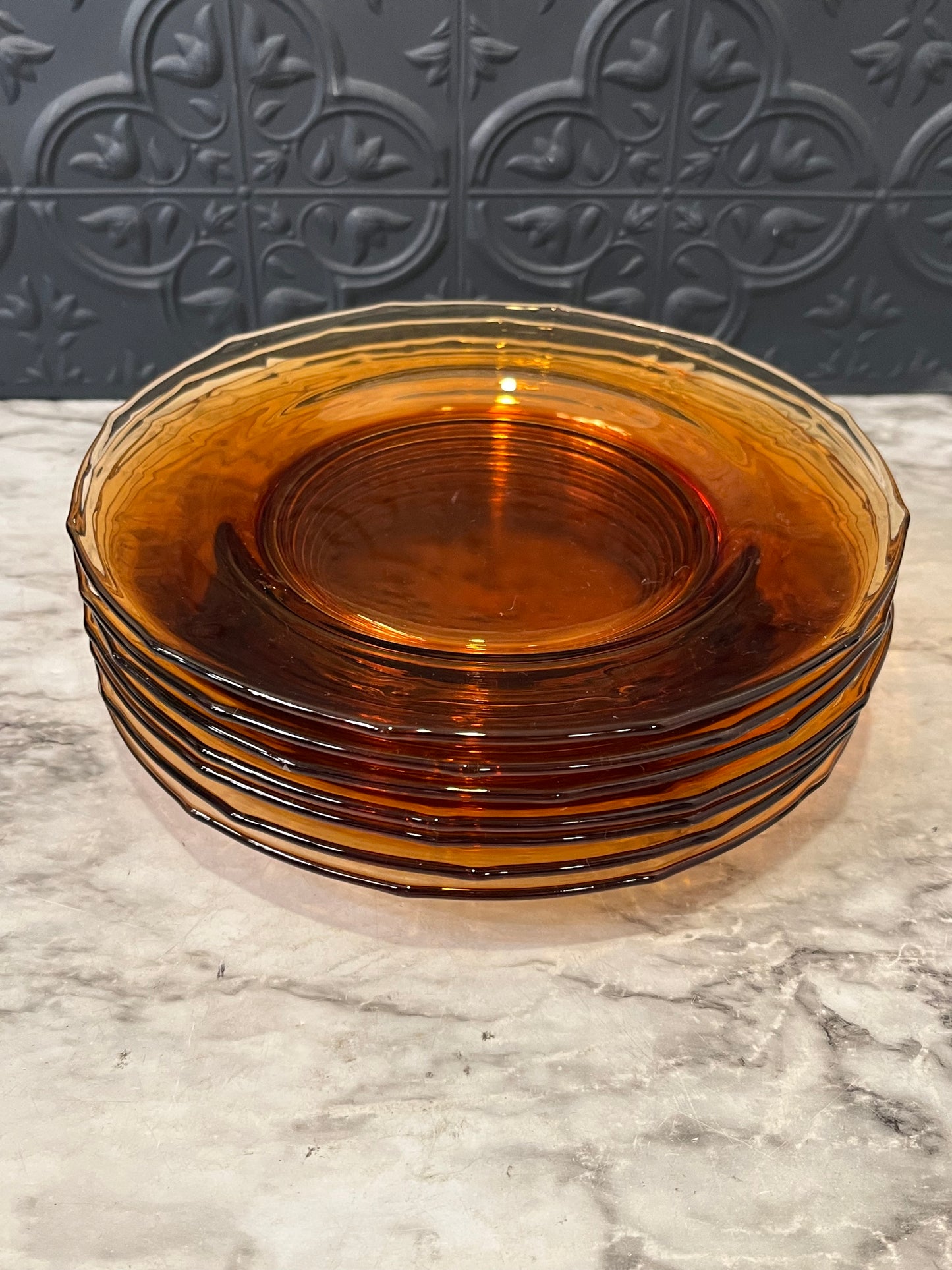 Amber glass salad plates x7