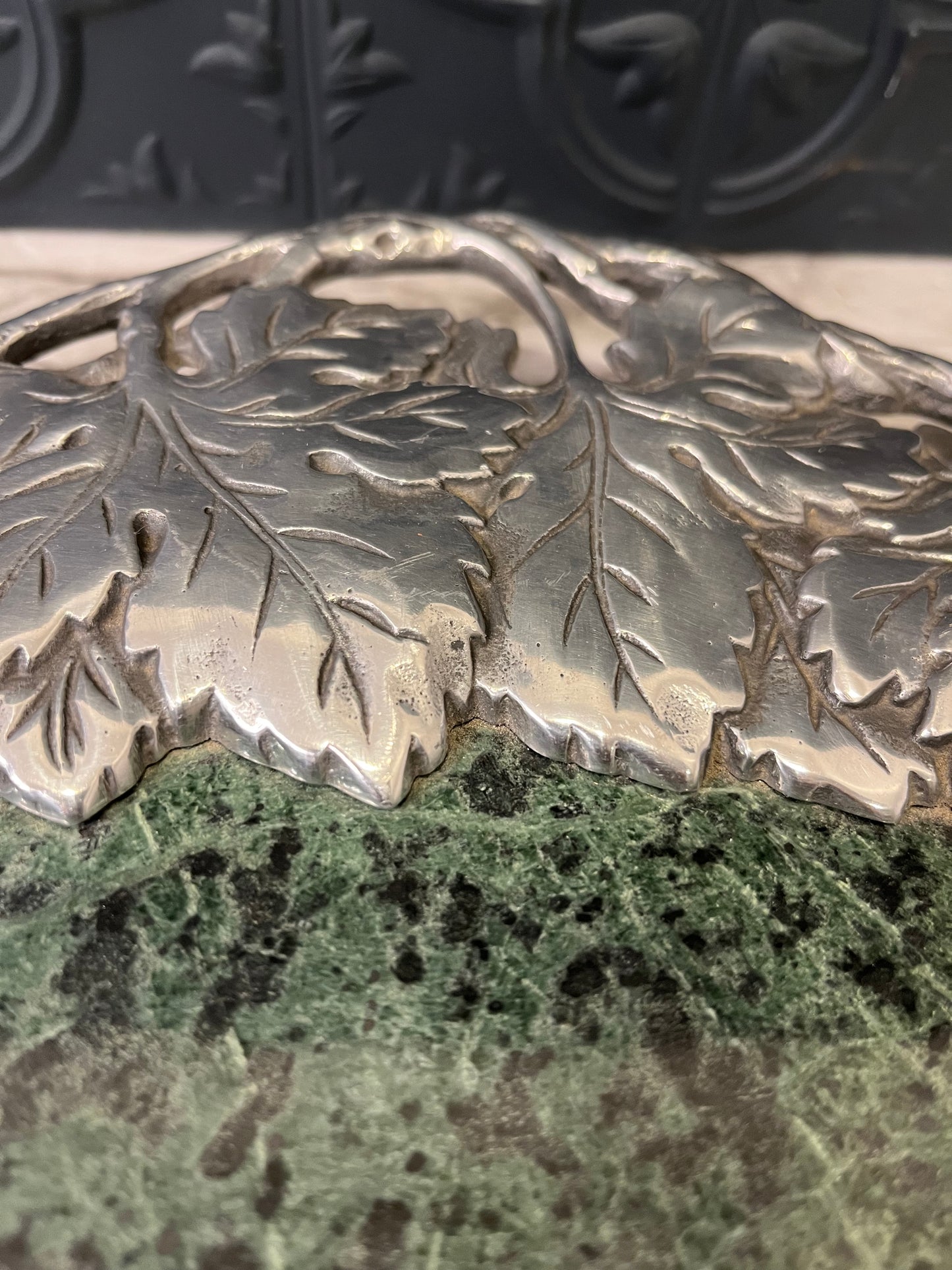 Green Marble cheese board with pewter leaves