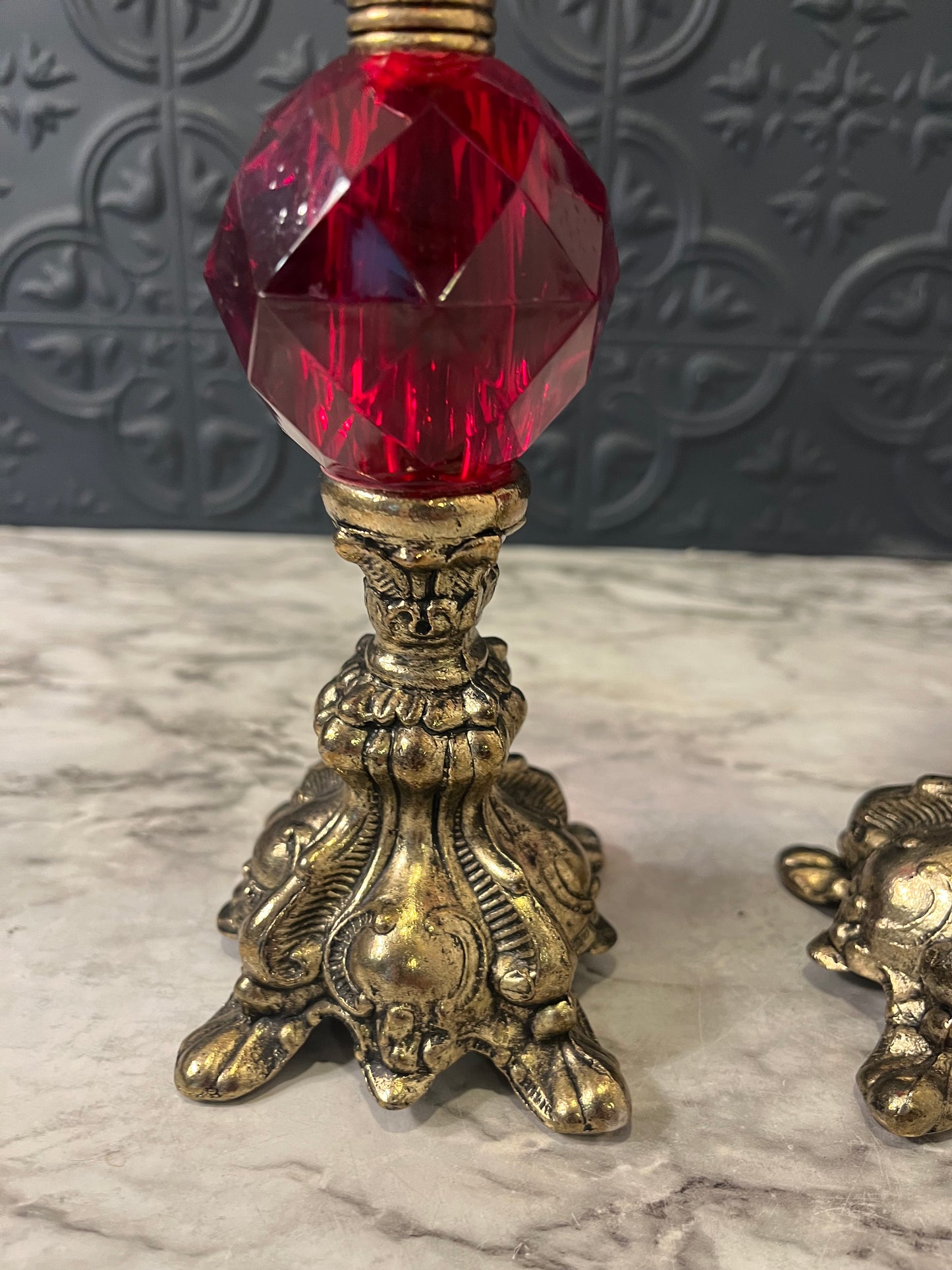 Hollywood Regency ruby Red Votive Candle Holder x 2