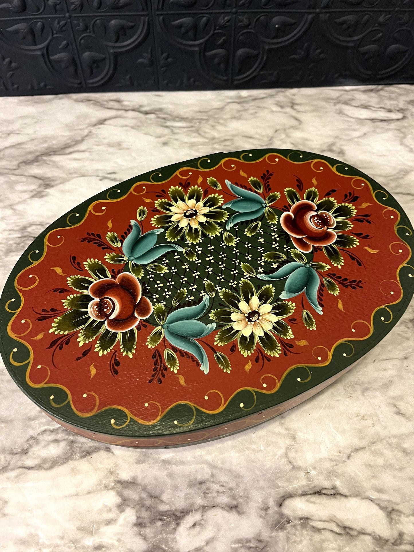 Hand Painted Red and Green Oval Box