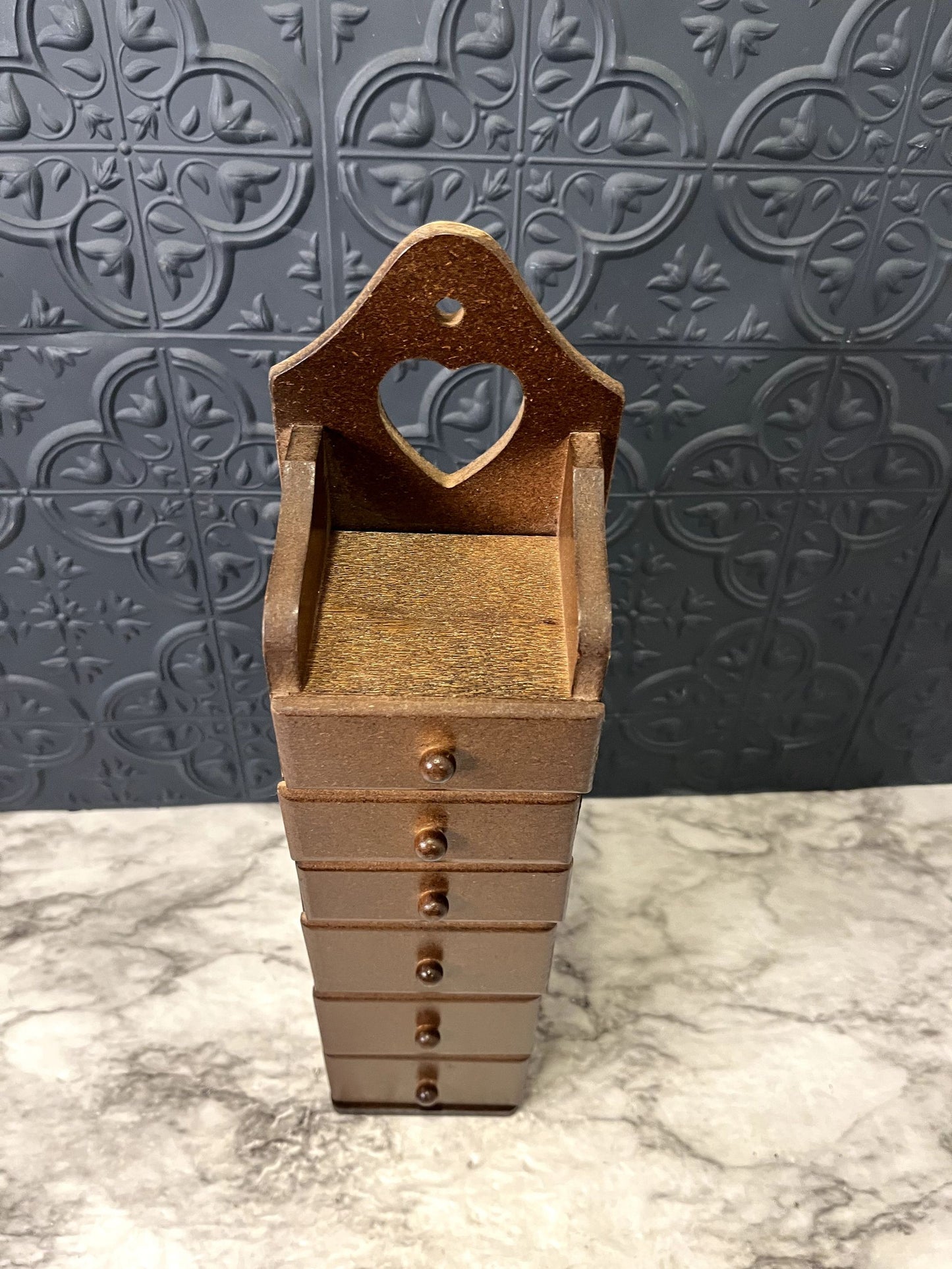 Tall Skinny Wood Jewelry Box With Drawers and Heart