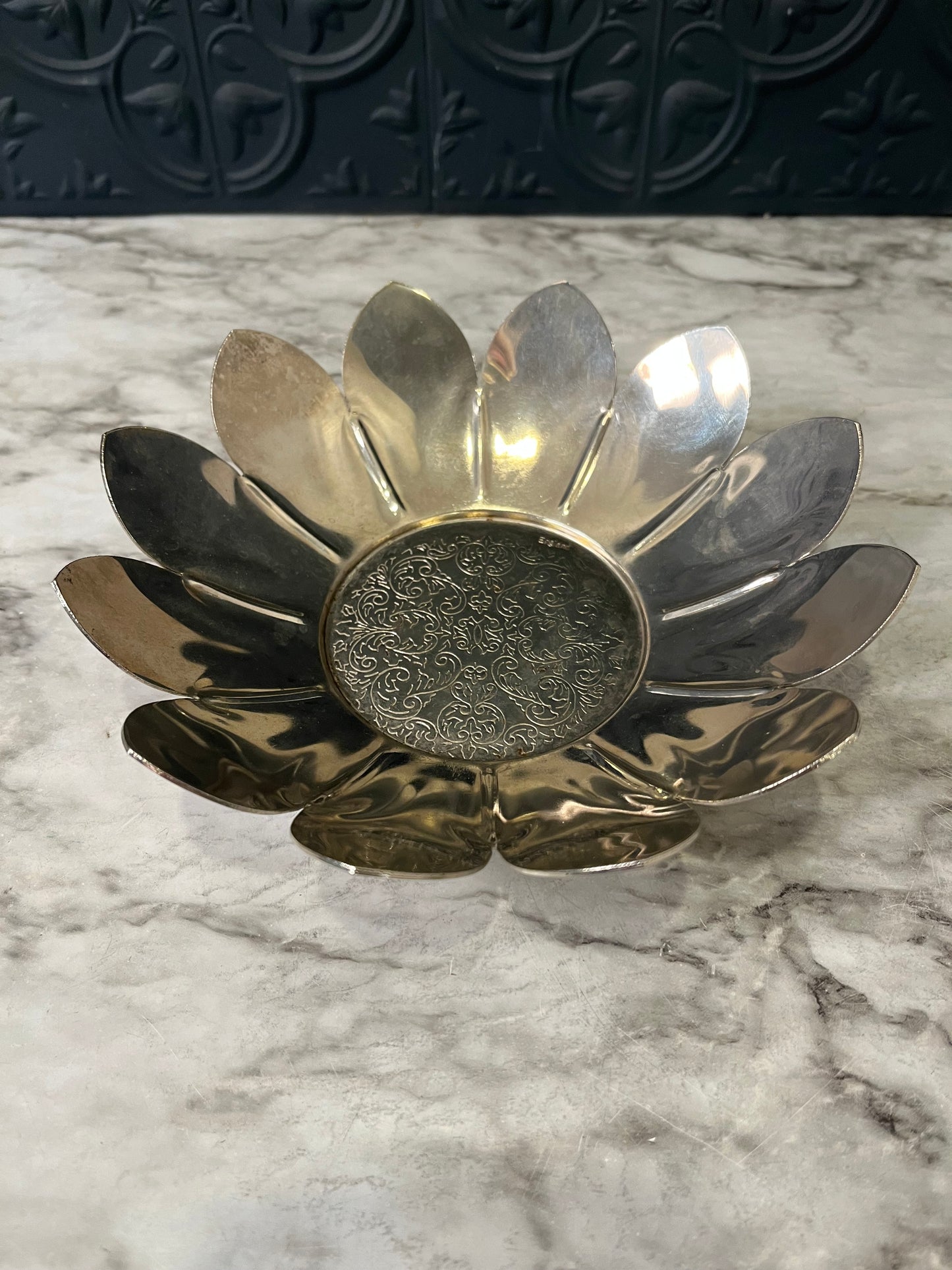 Silver Plate Lotus Bowl with Etching