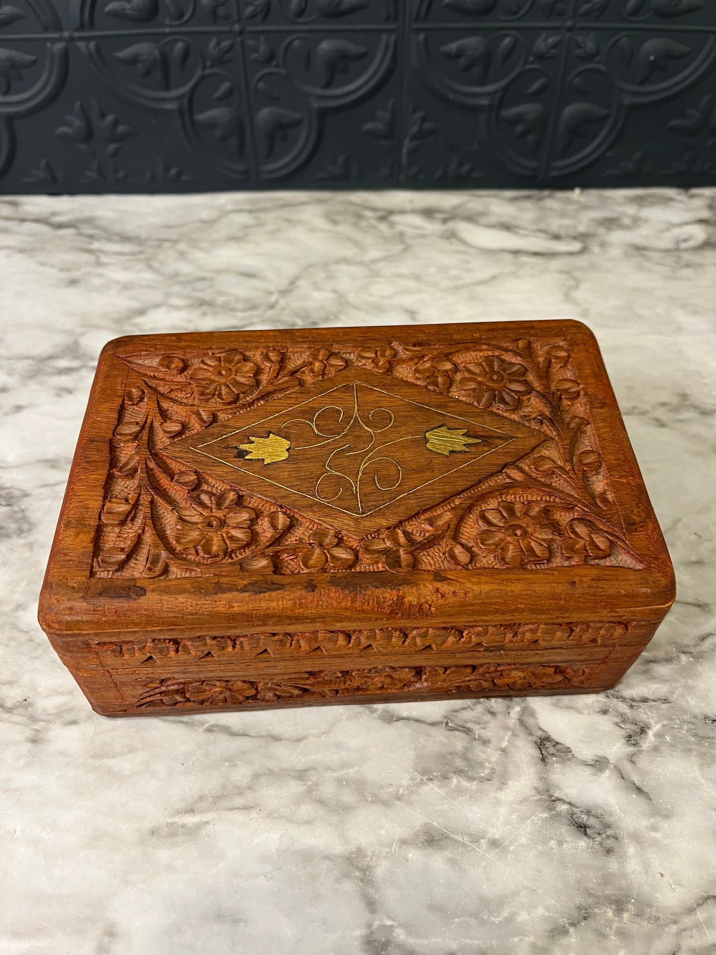 Carved Wood Box with 2 Brass Leaf inlay