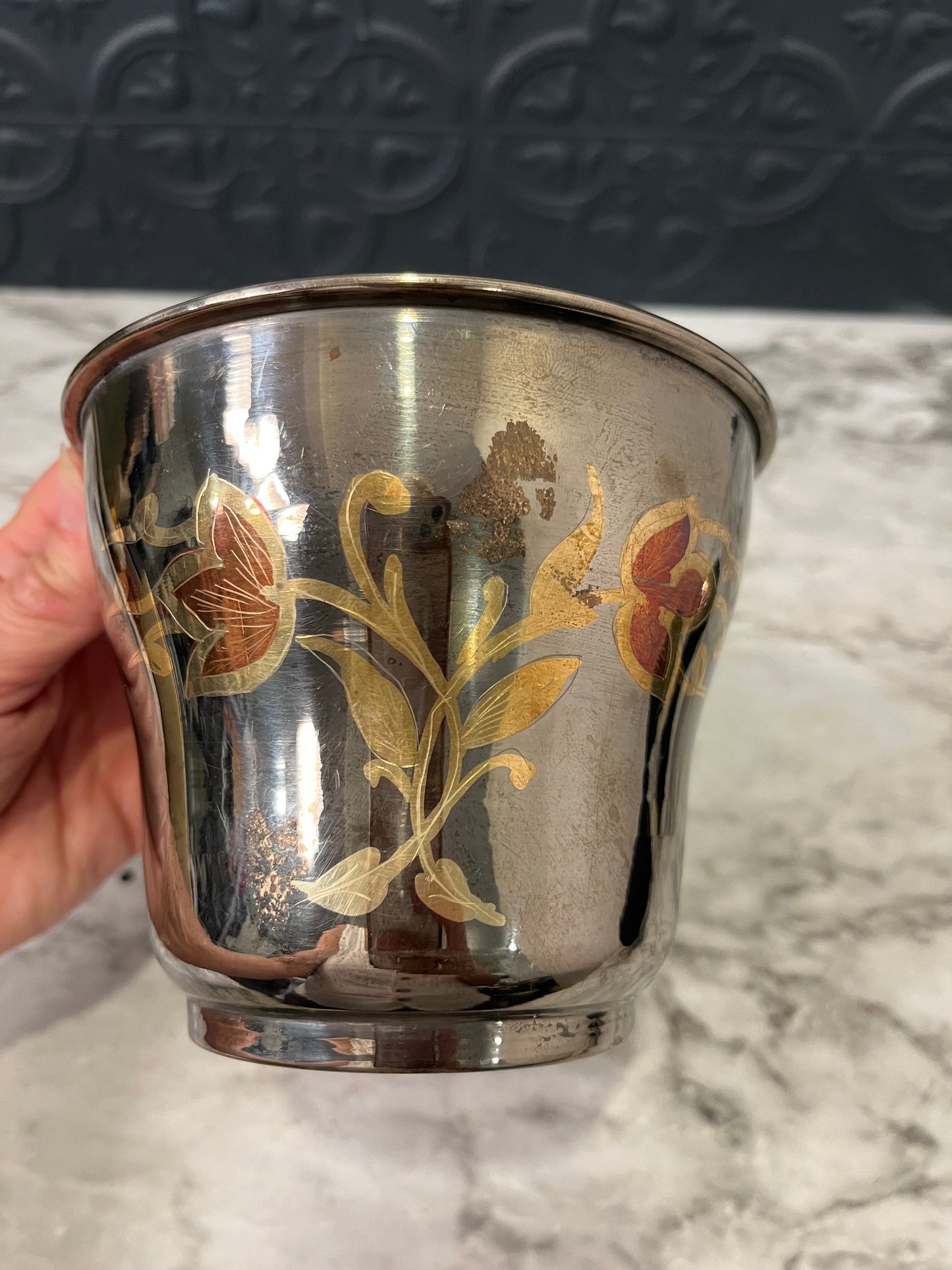 Brass Bowl with Etched Orange Flowers
