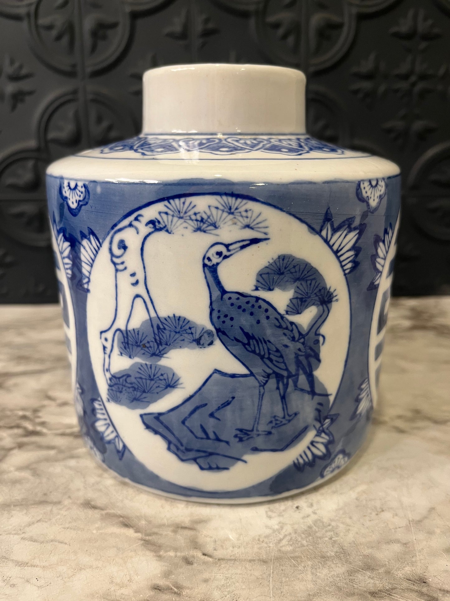 Blue and White Vase with Stork Image