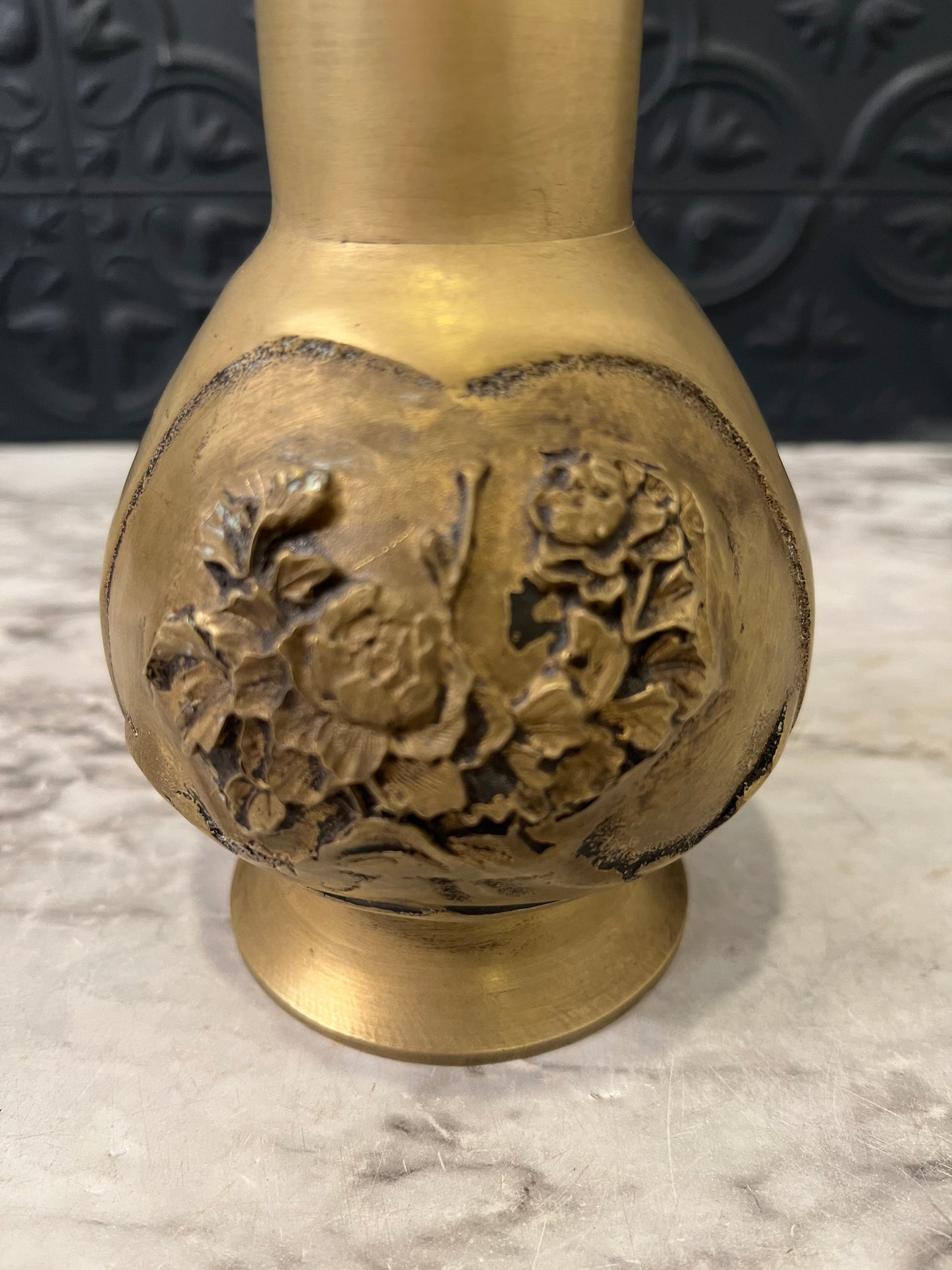 Antique Japanese Brass Vase with Peonies