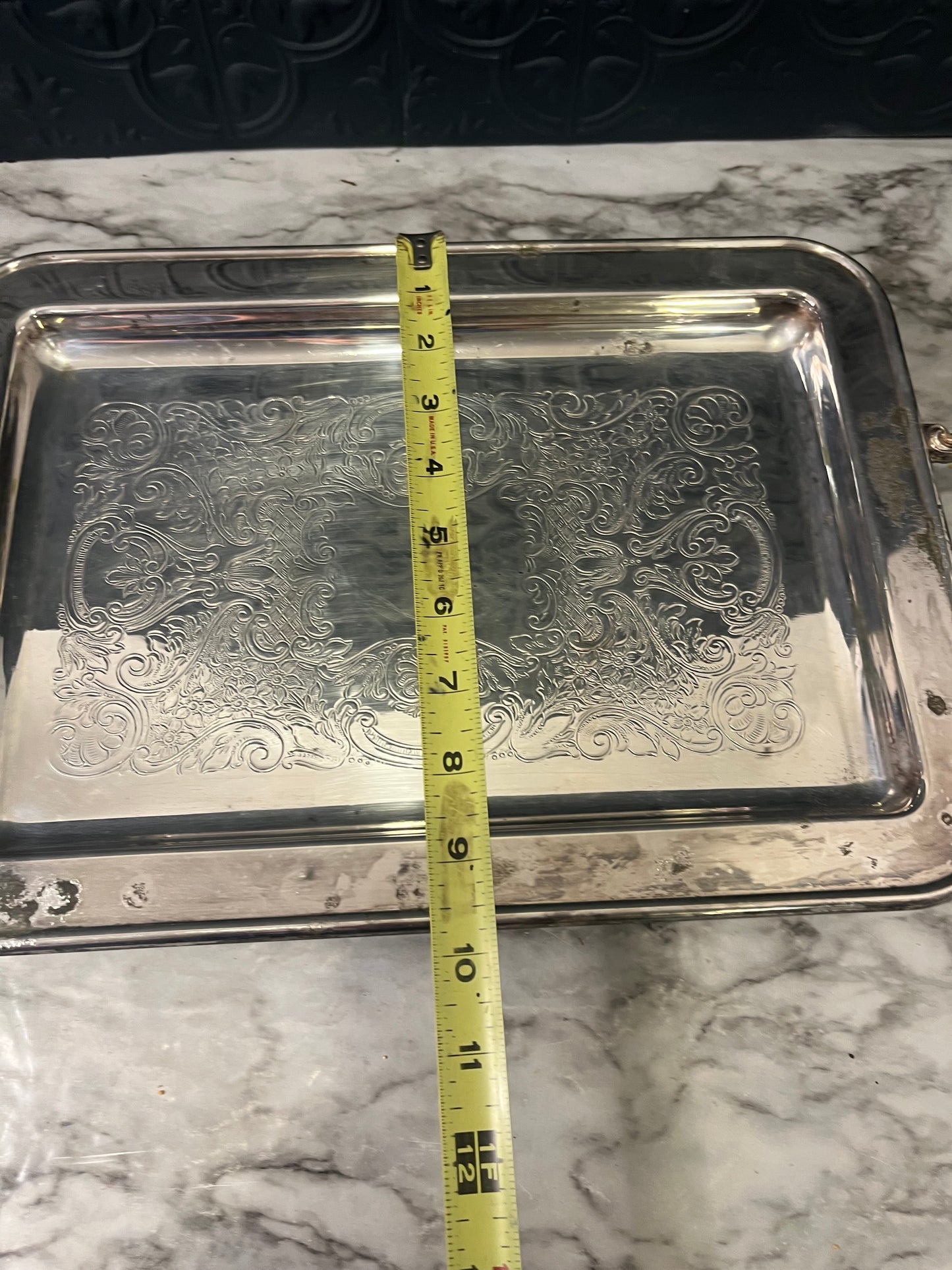 Rectangle Etched Silverplate Footed Serving Tray