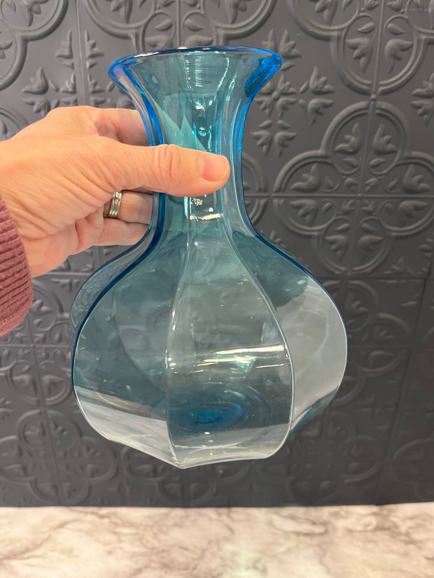 Blue Glass 9 Sided Vase