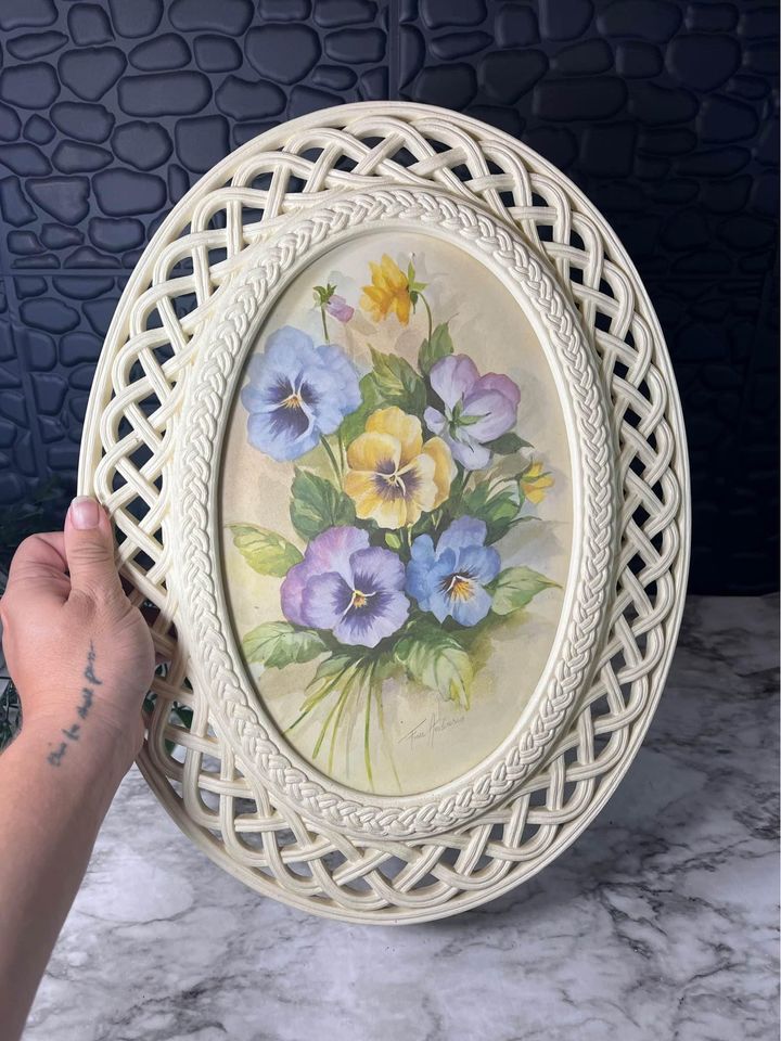 Vintage Homco Lattice Frame Pansy Picture