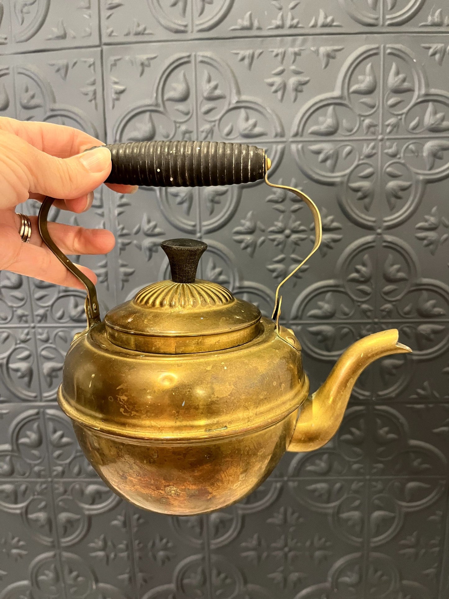 Brass Teapot With Black Ribbed Handle