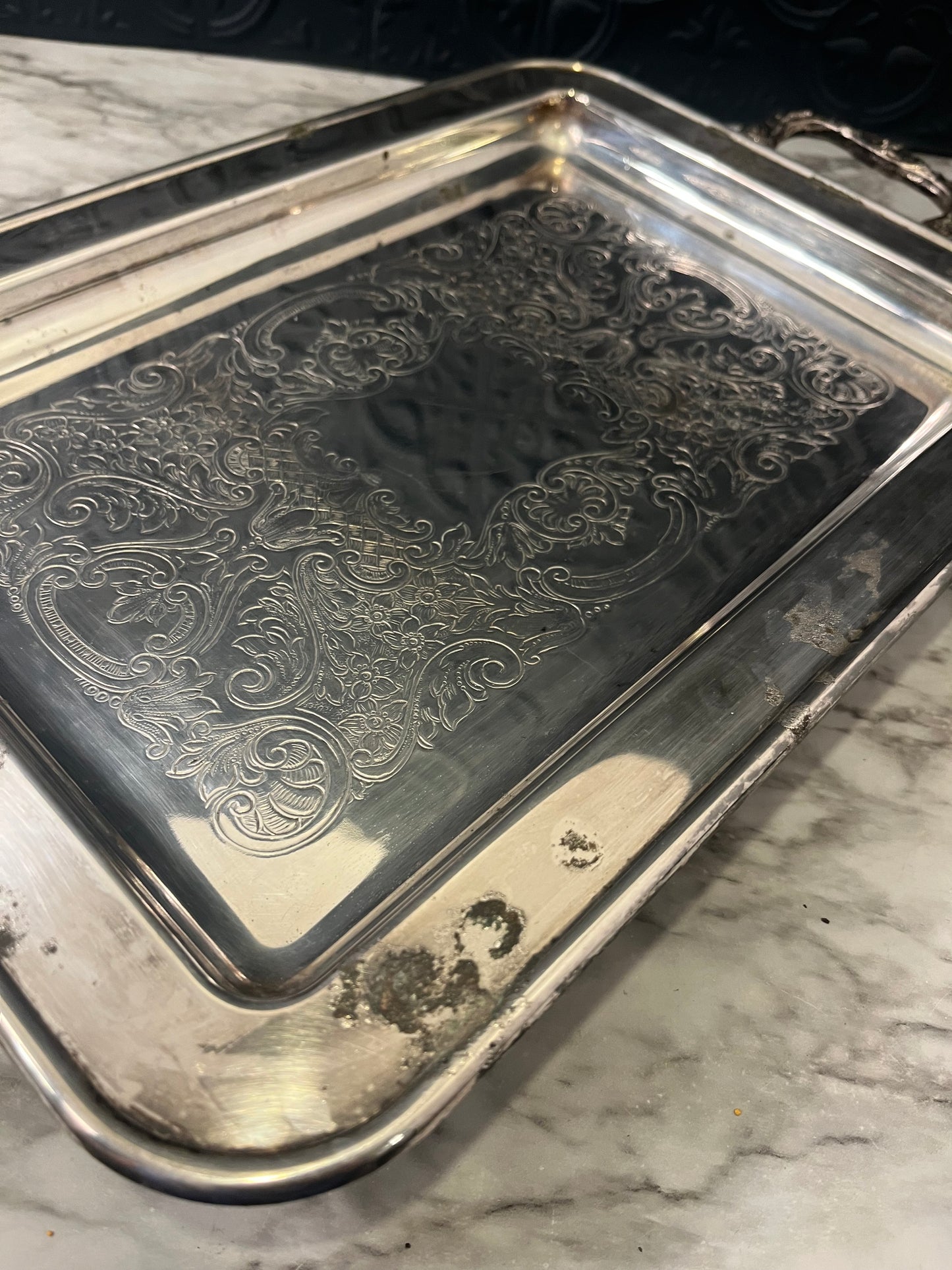 Rectangle Etched Silverplate Footed Serving Tray
