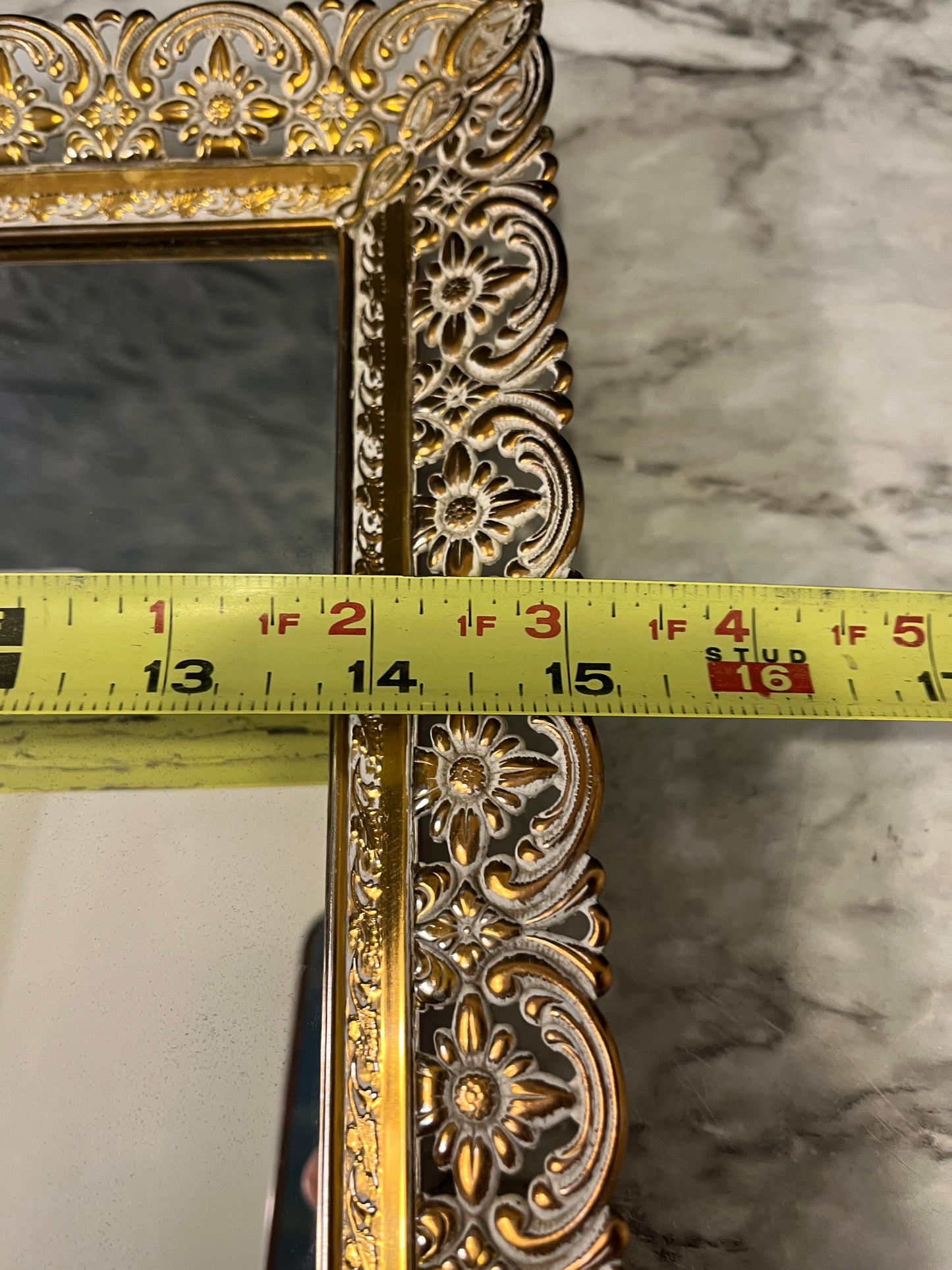 Rectangle mirror tray with brass and cream filligree