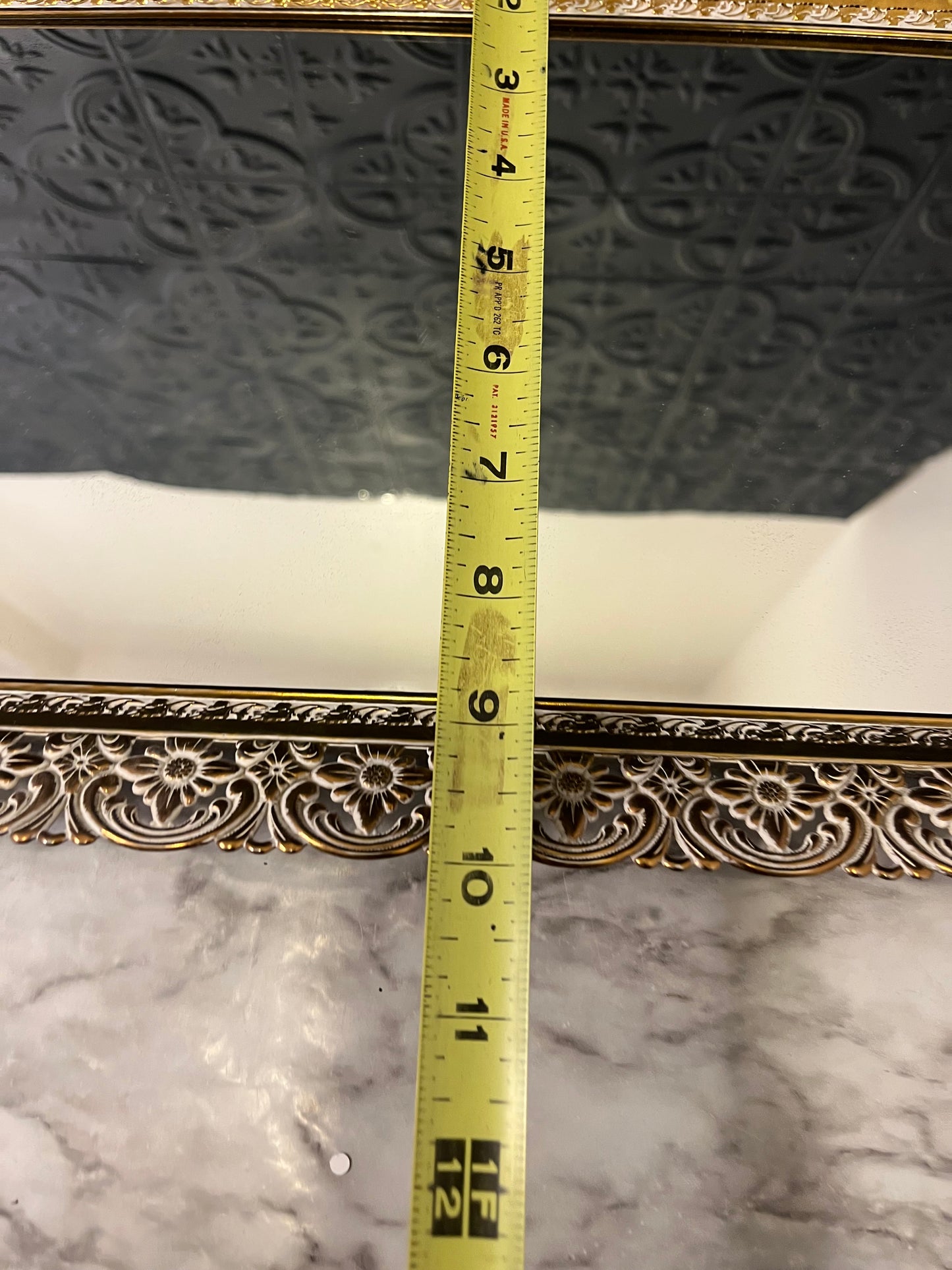 Rectangle mirror tray with brass and cream filligree