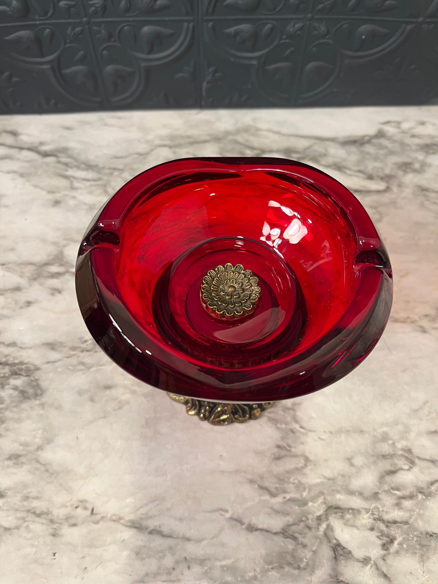 Red Glass Ashtray on Ornate base