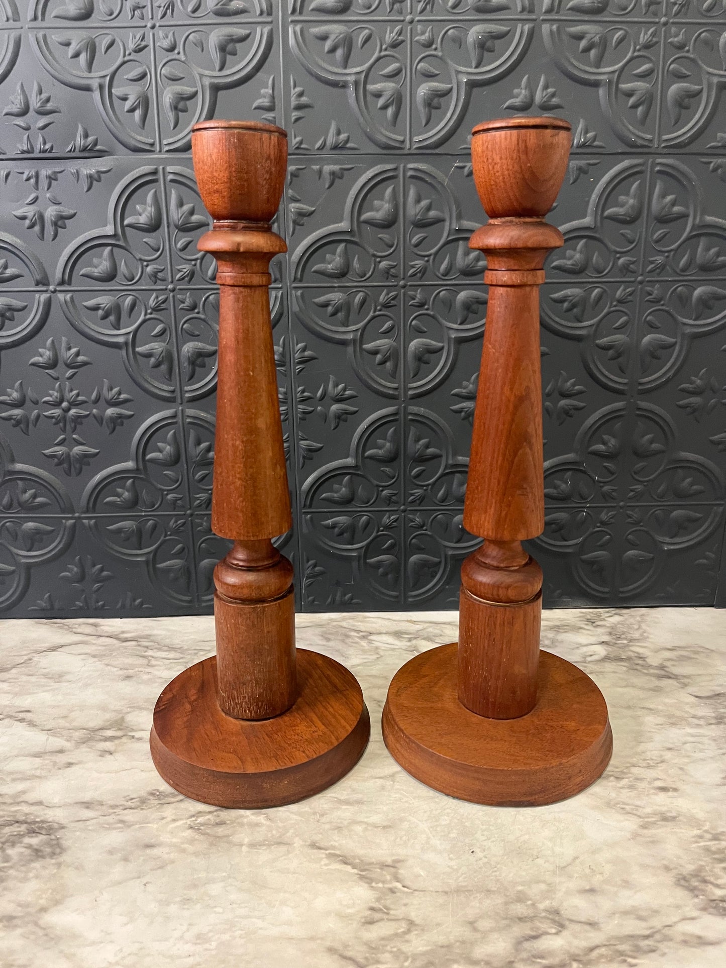 Tall Wood Carved Candle Holders x 2