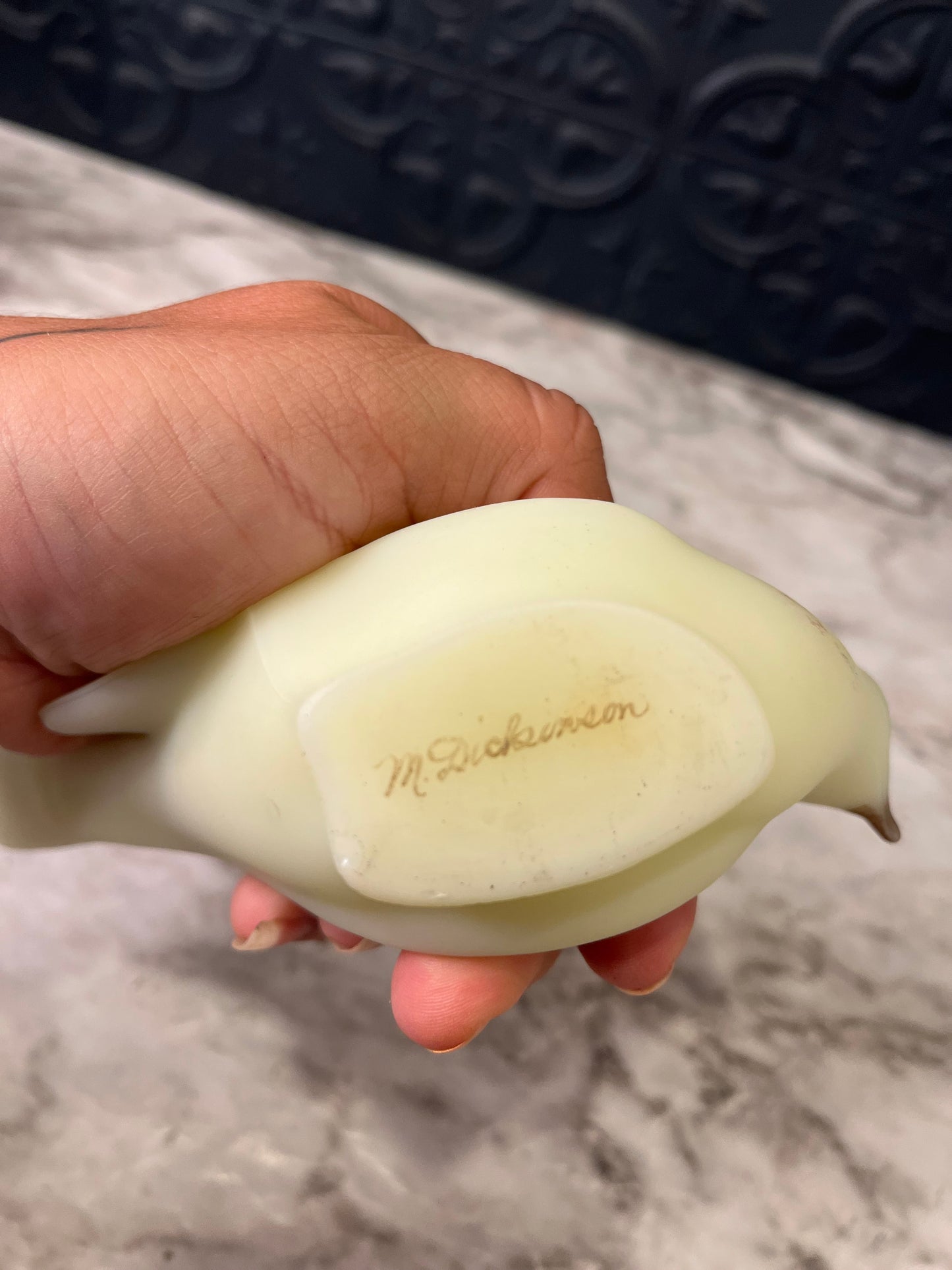 Fenton Custard Satin Glass UV Reactive Bird