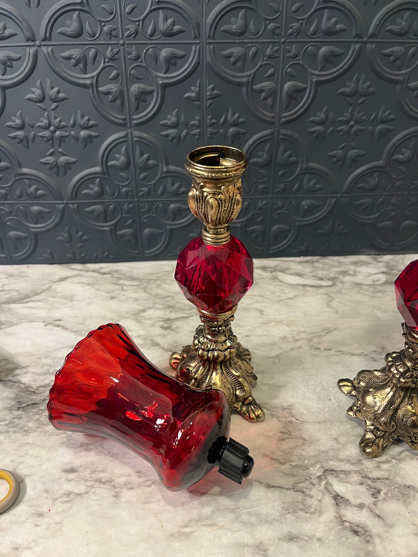 Hollywood Regency ruby Red Votive Candle Holder x 2